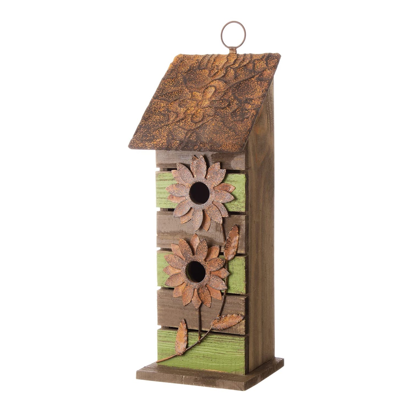 Glitzhome Bird Houses for Outside, 14.45" H Wooden Garden Hanging Bird House Two-Tiered Distressed with Flowers Decorative Birdhouse for Outdoors