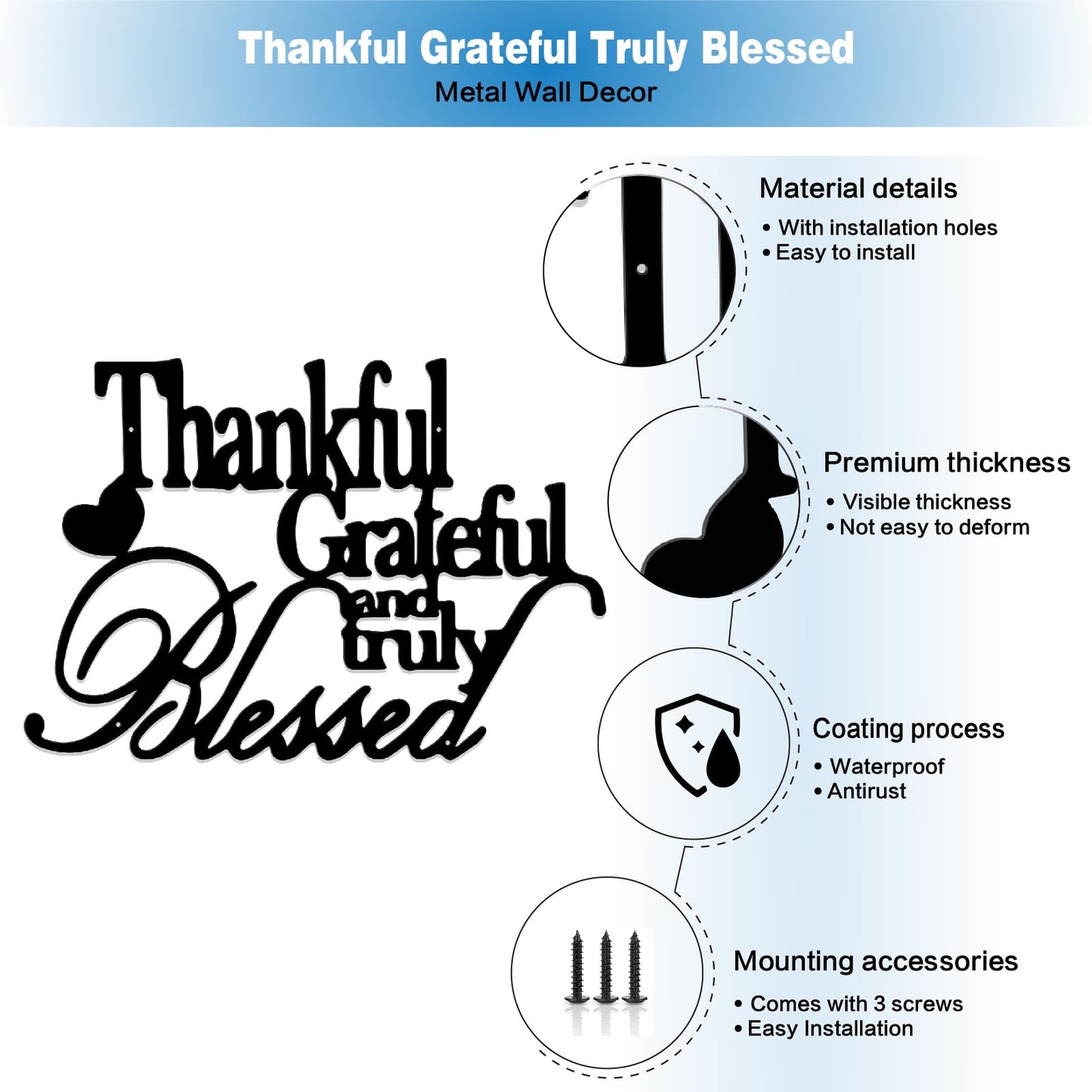Thankful Grateful Blessed Wall Decor Black Metal Wall Art Thankful Grateful and Truly Blessed Sign Home Decor Entryway Living Room Decoration Signs - 12 Inches