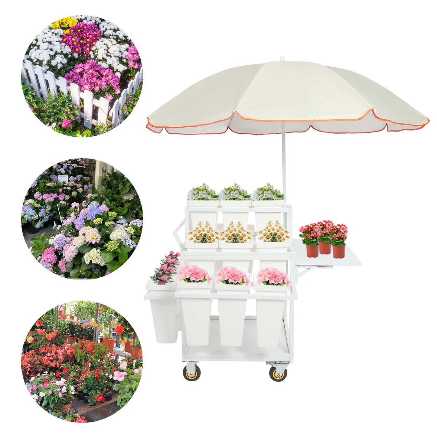 Flower Stand Cart with Large Umbrella 5x5.8ft, 110lb Capacity Metal Flower Bar with Wheels, Flower Plant Stand with 18 Buckets, 3 Tier Rolling Stand Cart for Indoor Outdoor Patio Garden Florist (Silver White)