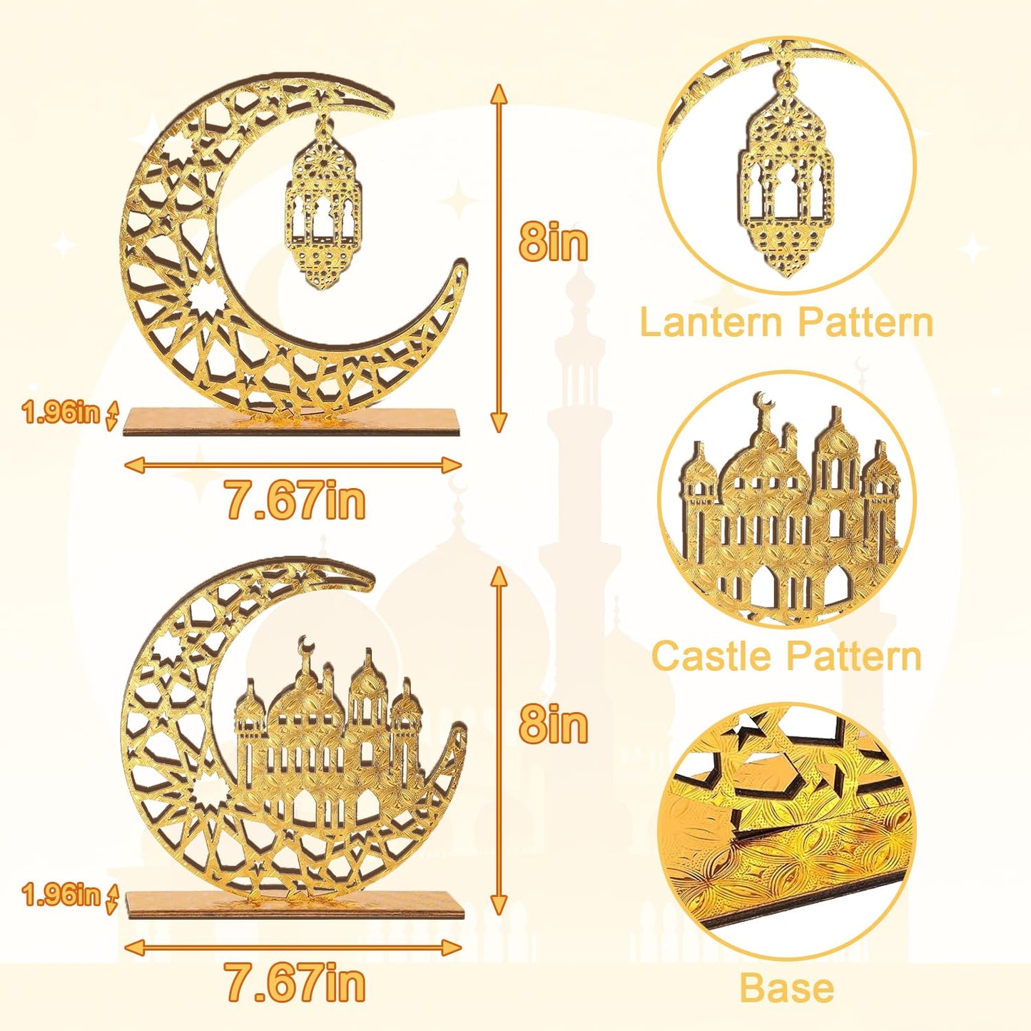Ramadan Eid Decorations, 2 Pieces Wood Eid Decorations for Home, Gold Islamic Crescent Moon & Mosque Table Sign, Eid Mubarak Kareem Home Decor Art Craft for Muslim, Eid Centerpieces Decor