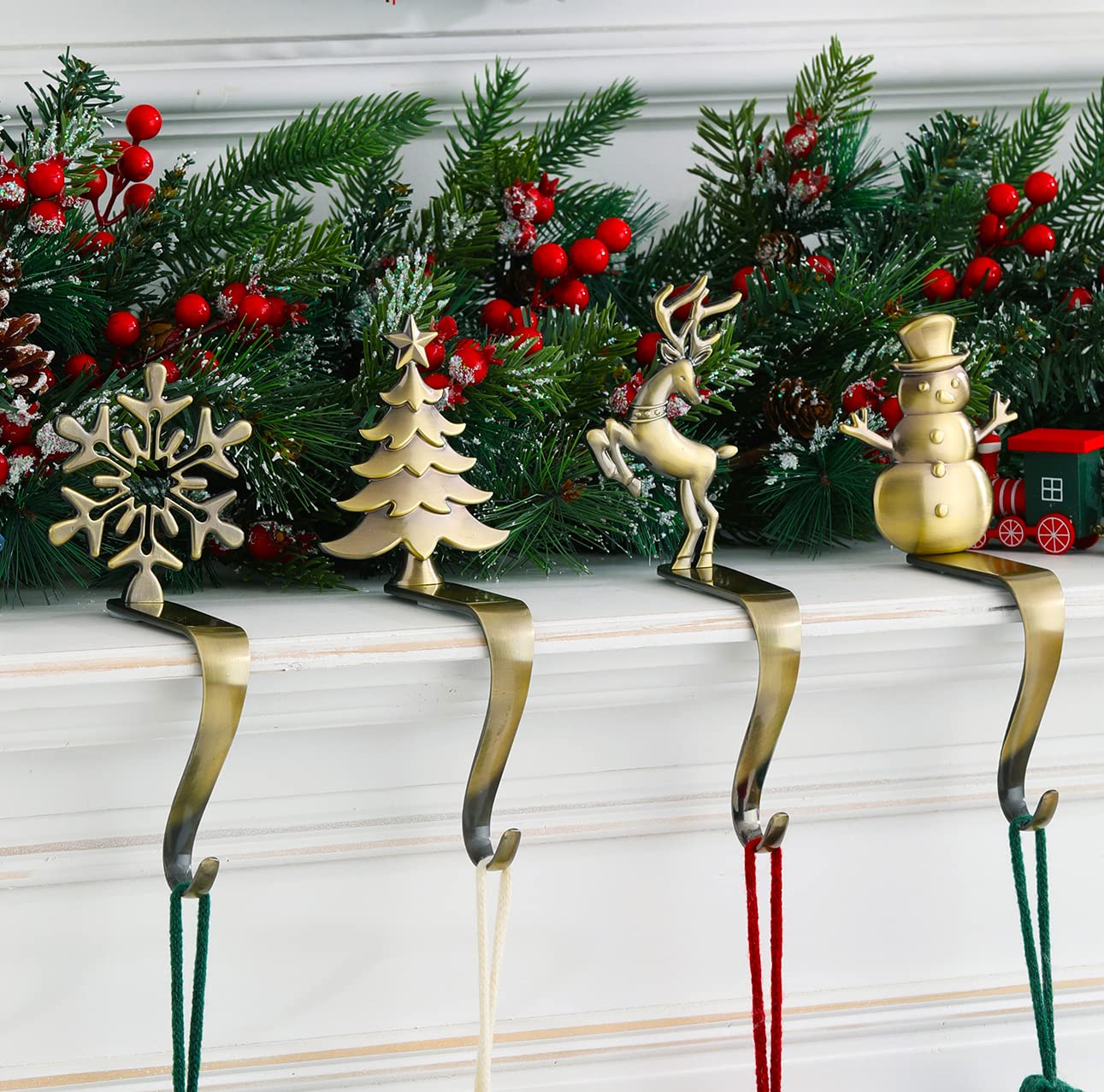 NIGHT-GRING Christmas Stocking Holder - Set of 4 Stocking Hangers Snowman Santa Snowflakes Christmas Tree Deer Stocking Hooks for Fireplace, Shelf, Staircases