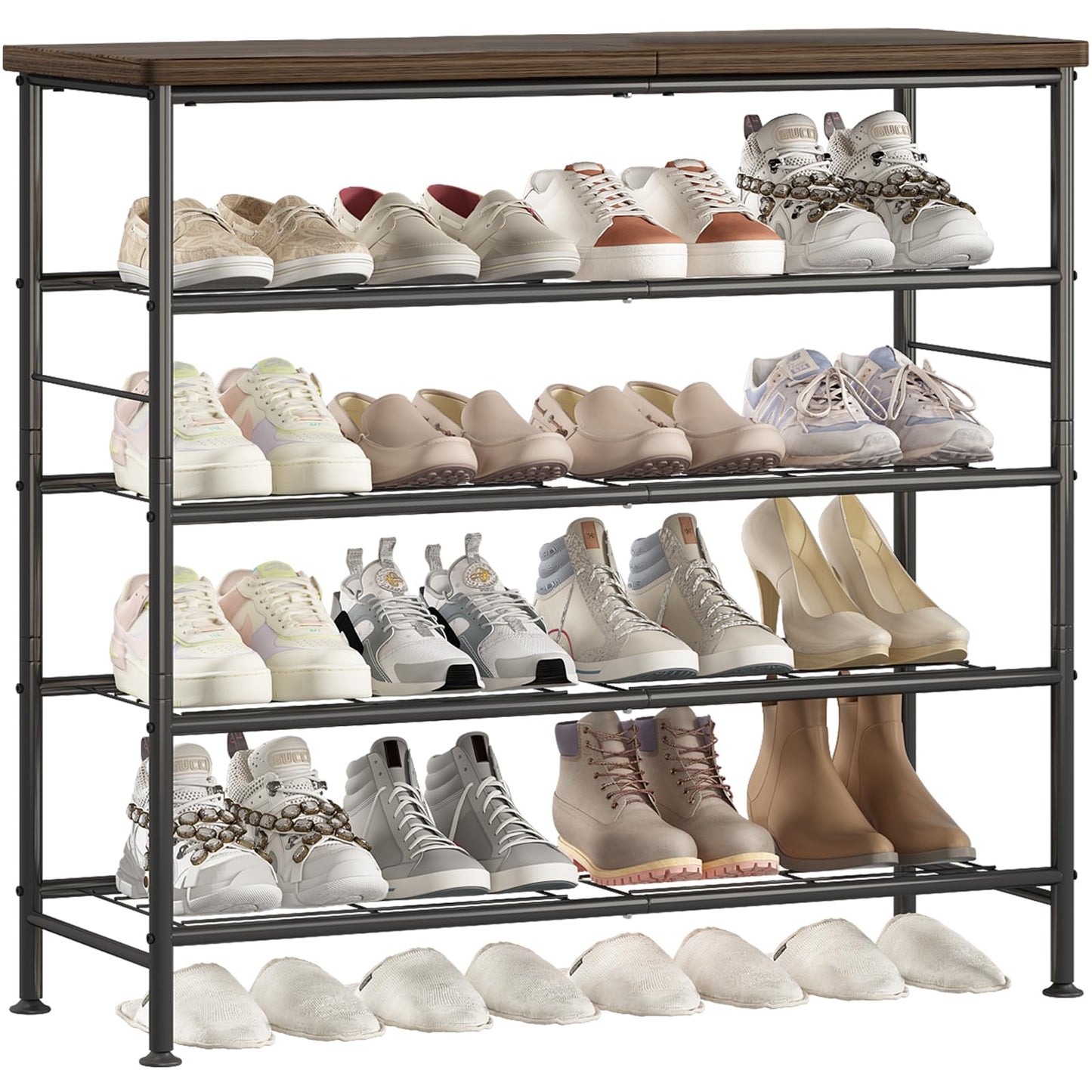 SUOERNUO Shoe Rack Organizer 5 Tier for Closet Entryway Free Standing Metal Storage Shoe Shelf with MDF Top Board，Black+Rustic Brown