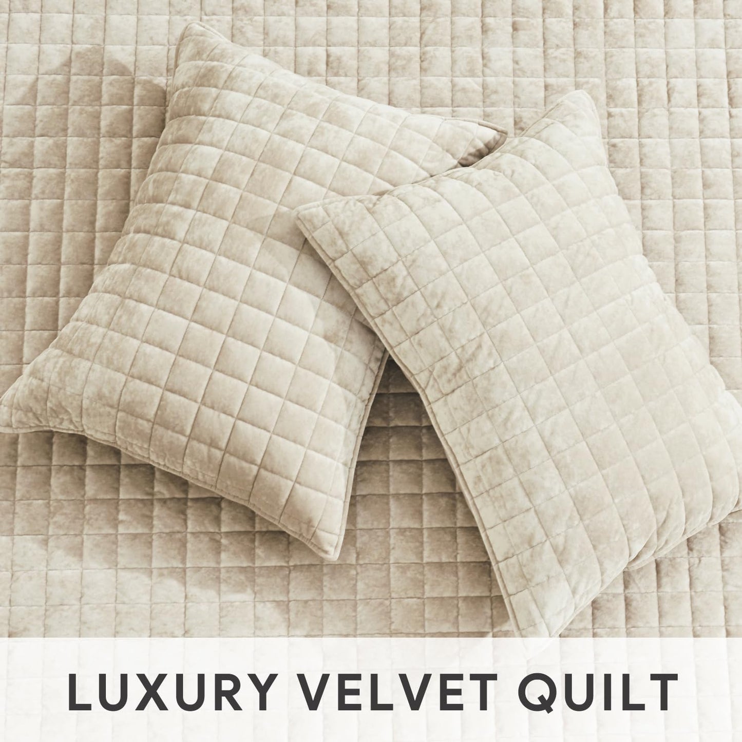 RECYCO Luxury Velvet Quilt Set King Size Bedding Sets, Ultra Soft Velvet Comforter Set, Lightweight Channel Box Stitch Oversized Bedspread Coverlet for All Season, with 2 Shams, Beige