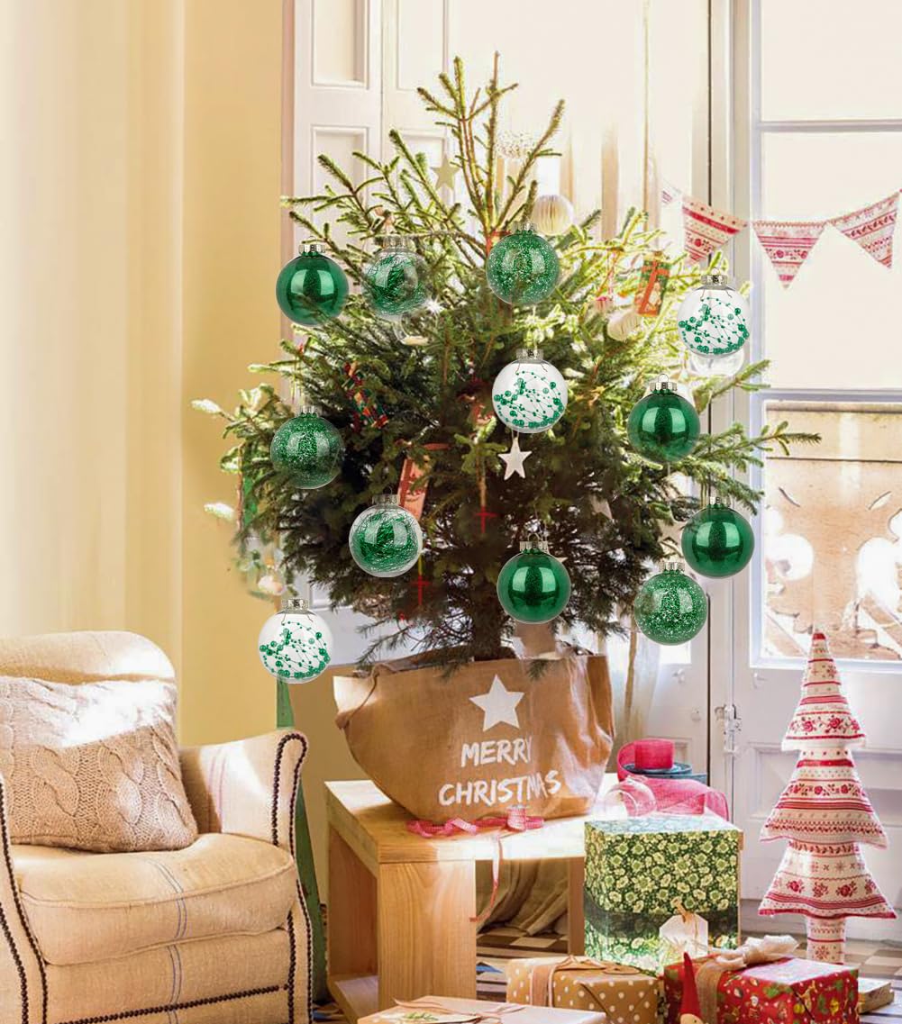 Briful 80mm/3.15" Shatterproof Clear Plastic Christmas Ball Ornaments Decorative Transparent Xmas Balls Baubles Set with Stuffed Delicate Decor Hanging Christmas Tree Ornaments(12 Counts, Green)