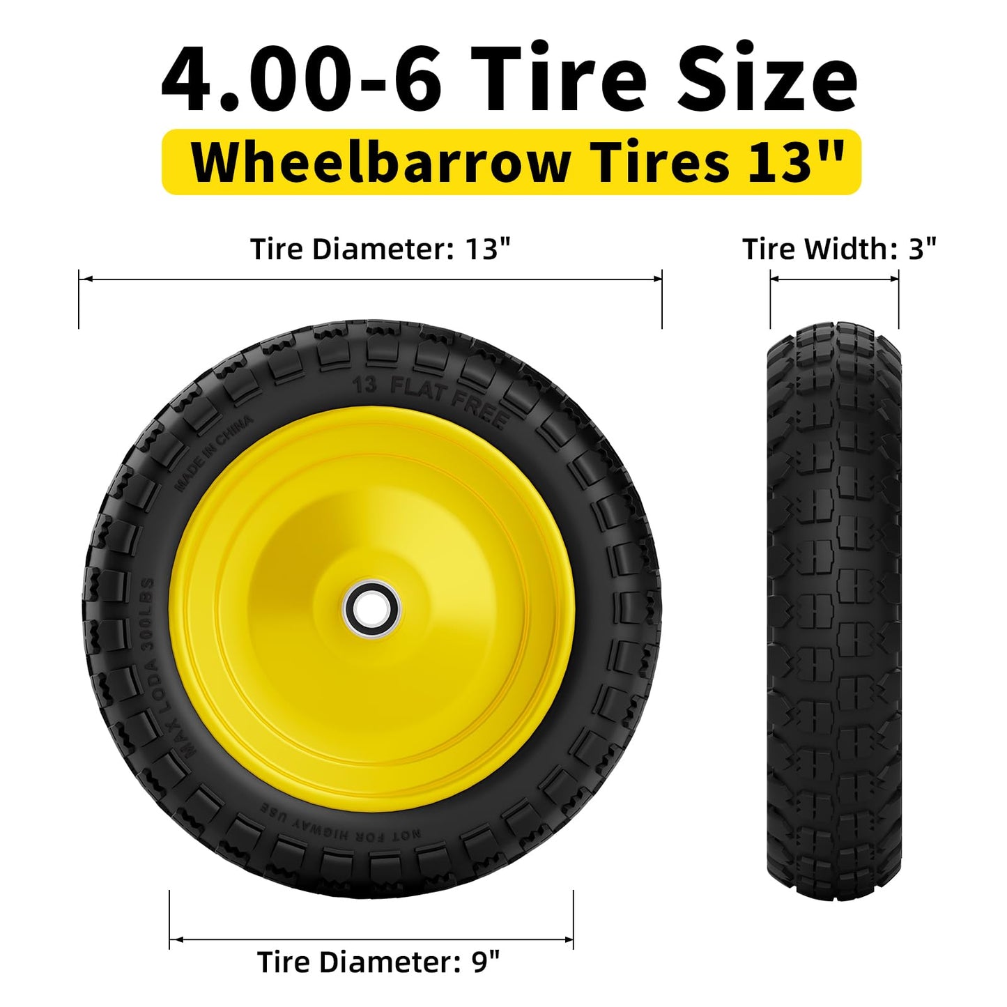 RONPOW 4.00-6 Flat Free Tire and Wheel, 13 Inch Solid Garden Wheelbarrow Tires, 300Lbs with 5/8" & 3/4" Axle Hole, 1"-3.5" Hub for Garden Cart, Wheelbarrow, Hand Truck, for Home Farm, 2Pcs Yellow