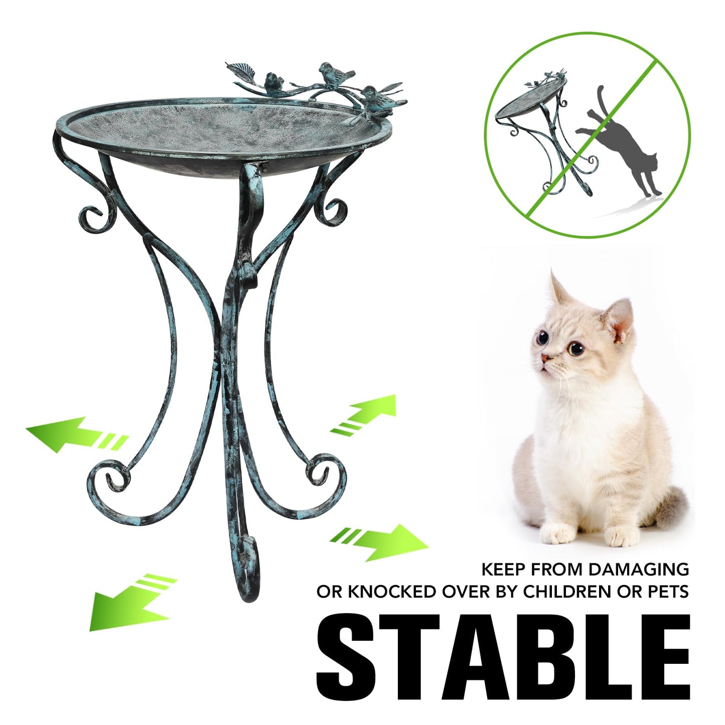 Solution4Patio 16.7" Metal Bird Bath with Perch - Rust-Resistant Outdoor Garden Decor, Shallow Wide Bowl & Foldable Stand for Birds/Plants