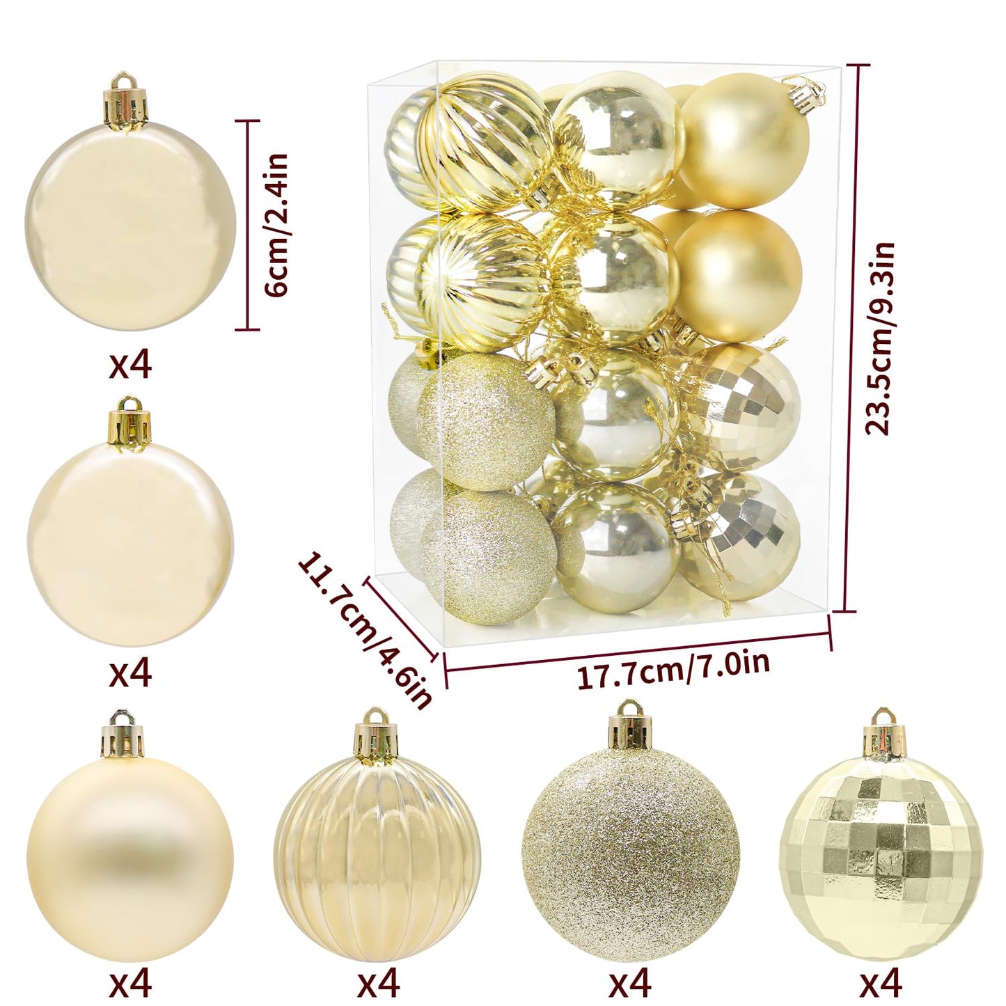 24ct Christmas Balls Ornaments, 2.36 Inch Christmas Tree Balls Ornaments, Decorative Baubles Decorations for Xmas Tree Decor Holiday Party, Champagne