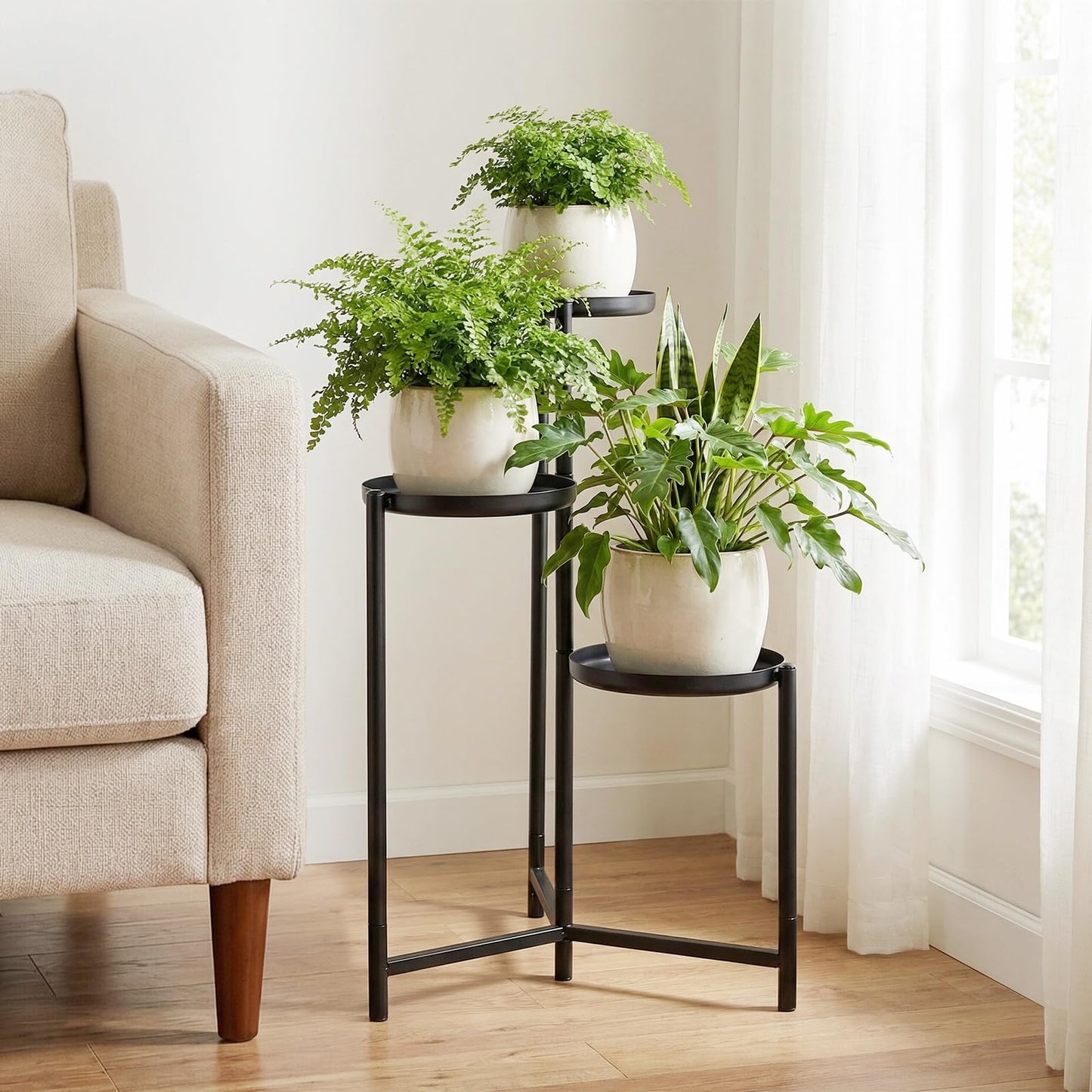 Giantex 3-Tier Metal Plant Stand Indoor Outdoor, Tall Corner Flower Pot Holder Display Rack for Living Room Balcony Patio Garden Office, Heavy Duty Vertical Shelf, Metal Plant Rack Organizer, Black