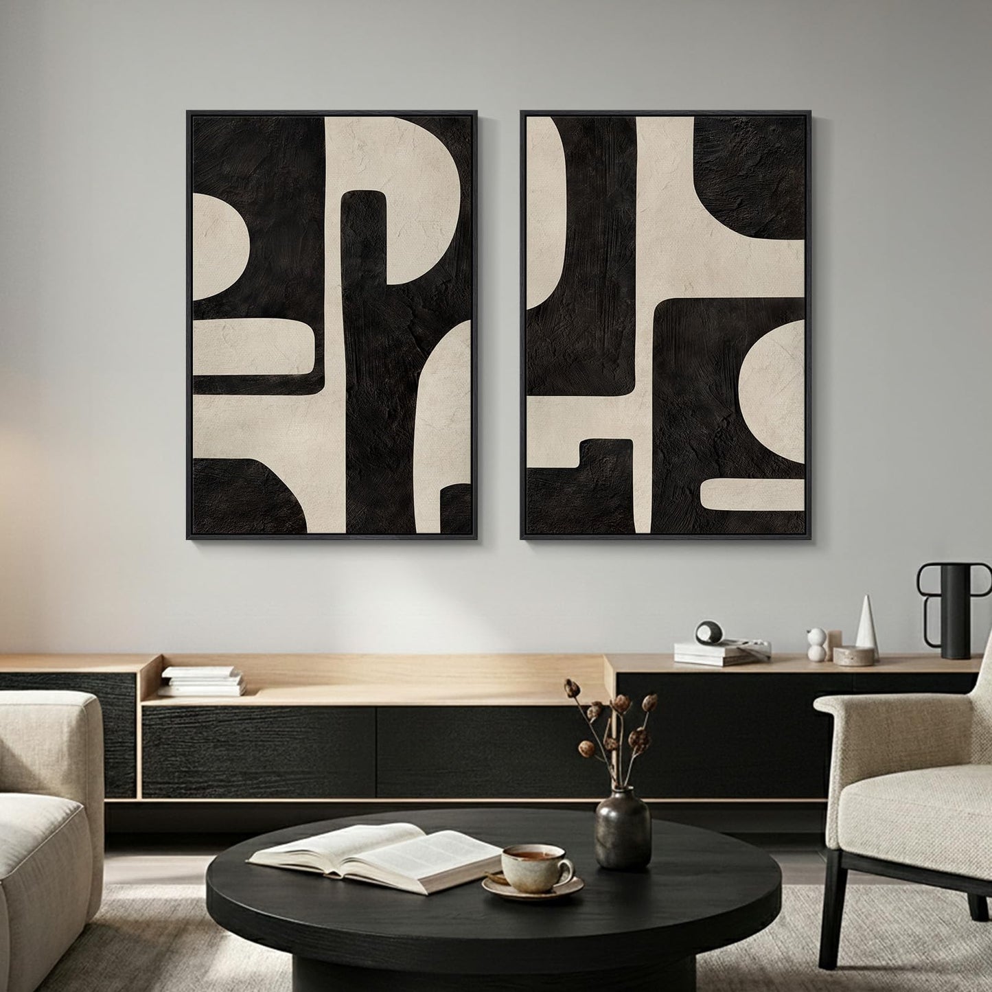 Large Framed Abstract Set of 2 Wall Art for Living Room, Neutral Black Beige Geometric Modern Canvas Artwork for Walls, Minimalist Painting Print Wall Decor Bedroom Hallway Home Office, 24x36 Inch