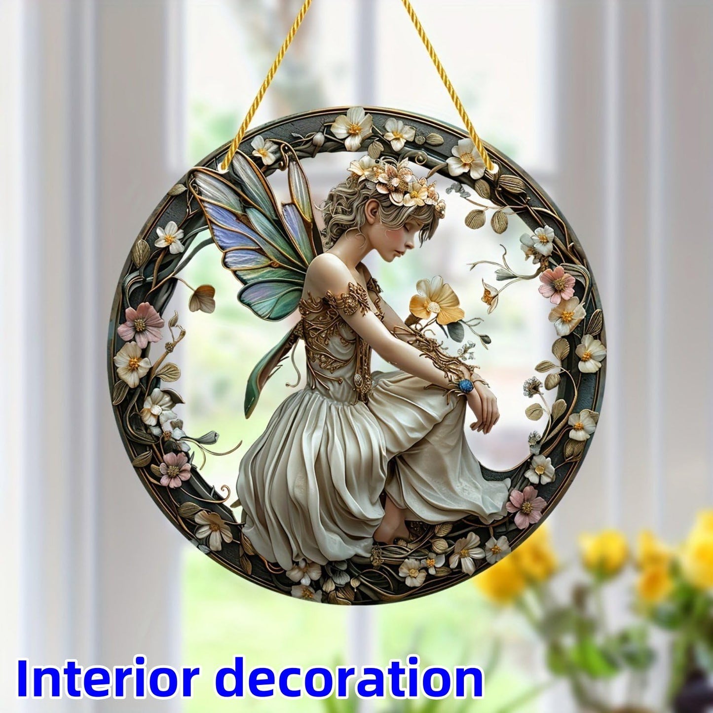 VTYFRY Flower Fairy Garden Decorations Angel Wing Christmas Halloween Deco Statue Art Elf Sculpture Hanging Craft for Outdoor Yard Courtyard Lawn Patio Window Acrylic Ornament Home Gift (B,S: 6*6 IN)