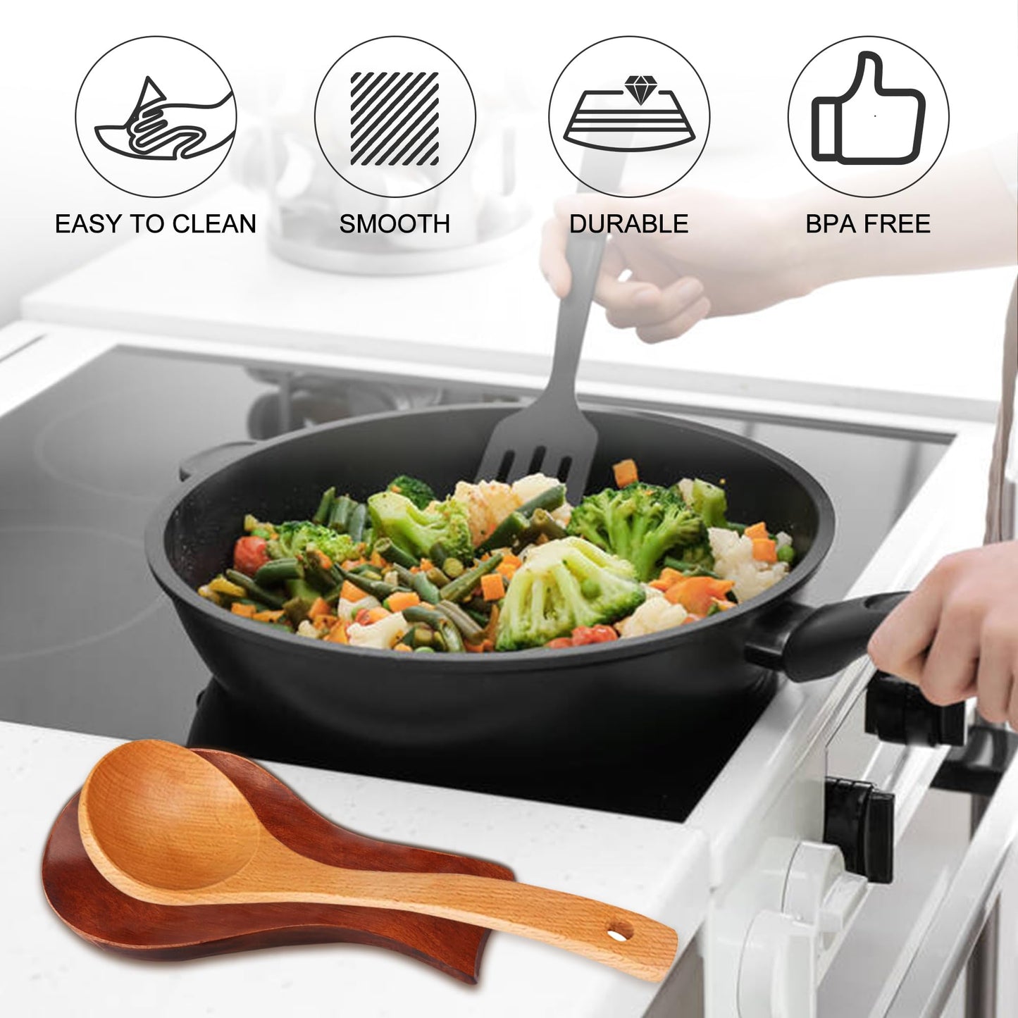 Wooden Spoon Rest for Stove Top - Spoon Holder for Kitchen Counter, Spatula, Cooking Tong, Modern, Smooth, 7.09 * 3.54in (Wood)