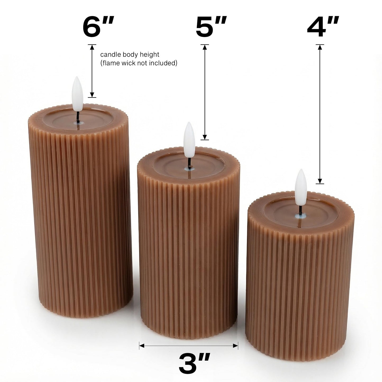 WYZworks Fluted Ribbed LED Pillar Candles, Brown, with Realistic Reflective Melted-Wax Effect – Flickering Flame, Remote, Dimmable, Flameless, Battery Operated, Home & Wedding Decor (Set of 3)