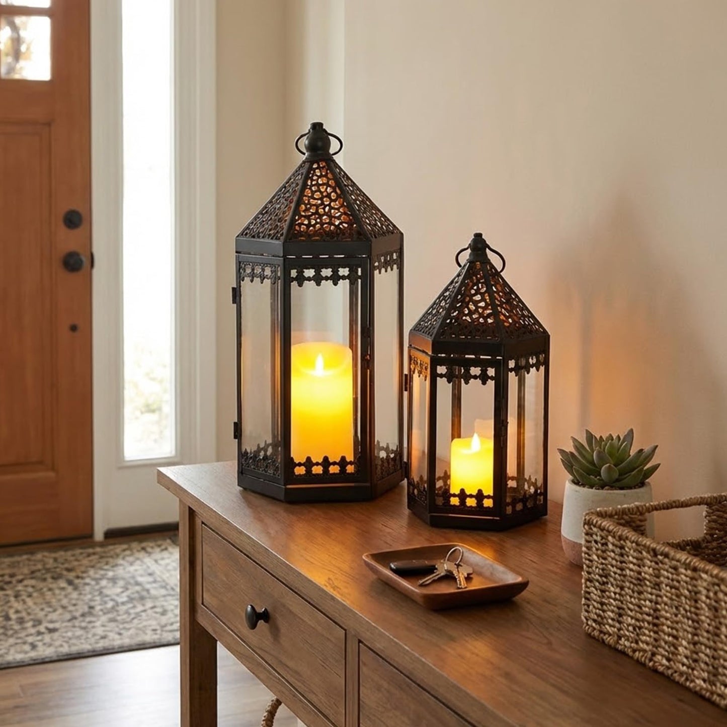 TRIROCKS Set of 2 Decorative Candle Lantern 16'' & 12'' High Metal Candle Holder Hanging Lanterns with Tempered Glass for Indoor Outdoor Home Decor Parties Garden Events (Black)