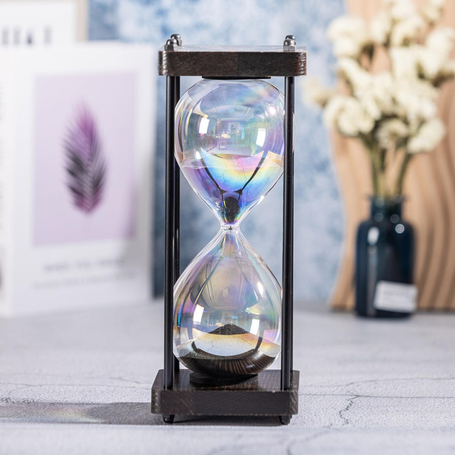 Rainbow Hourglass Timer 60 Minute, Wooden Frame Decorative Sand Timer (Black Sand, Large Size)