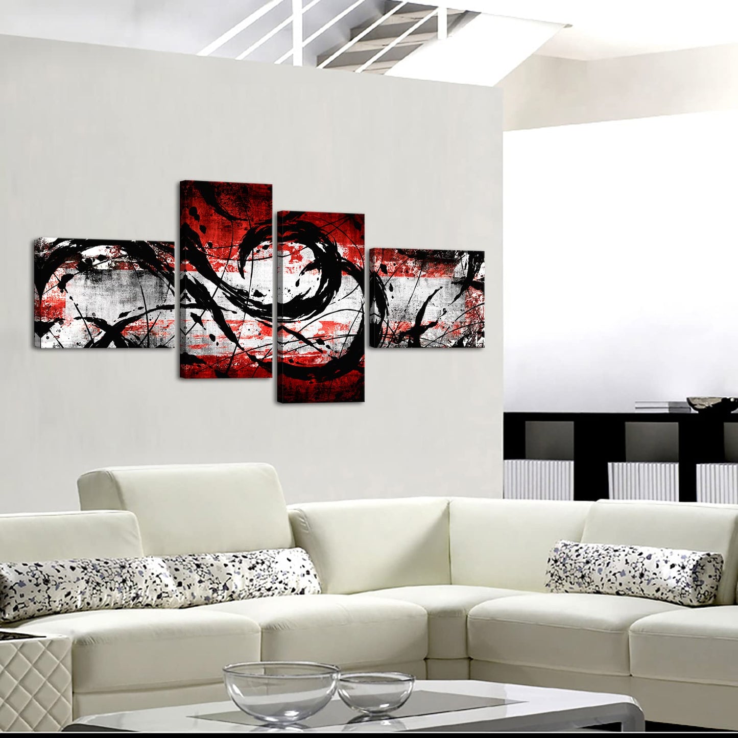 KREATIVE ARTS 4 Panel Black and Red Wall Art Canvas Print Modern Abstract Painting for Home Stair Wall Decor L68xH32inch