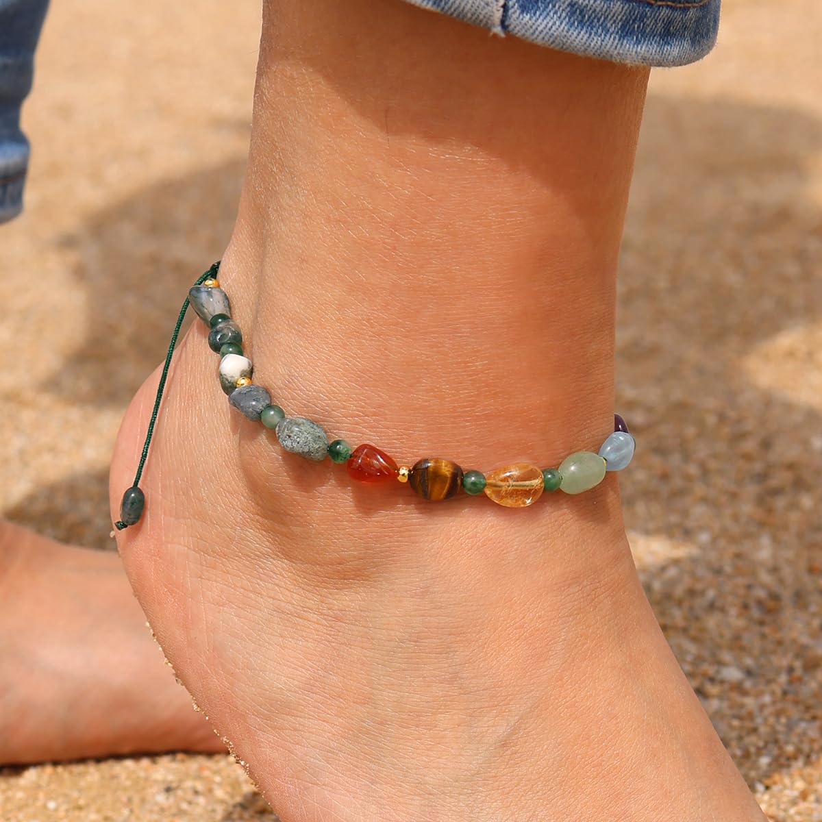 Jewever 7 Chakra Crystals and Stones Anklet Irregular Tumbled Gems Beaded Ankle Bracelets for Women Spiritual Energy Meditation Yoga Healing Jewelry Mom's Gifts (Moss Agate)