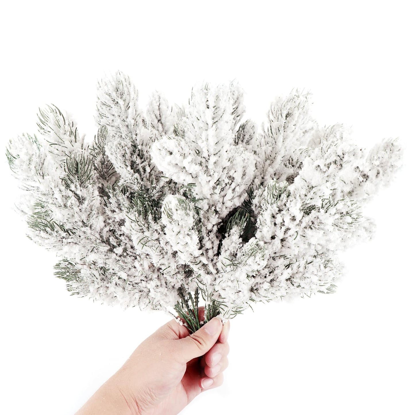 20PCS Frosted Artificial Pine Needles Branches 10.6 Inches Christmas Fake Snowy Pine Picks Twigs Winter Sprays Greenery Stems for Christmas Tree DIY Garlands Wreaths Crafts Home Holiday Decorations