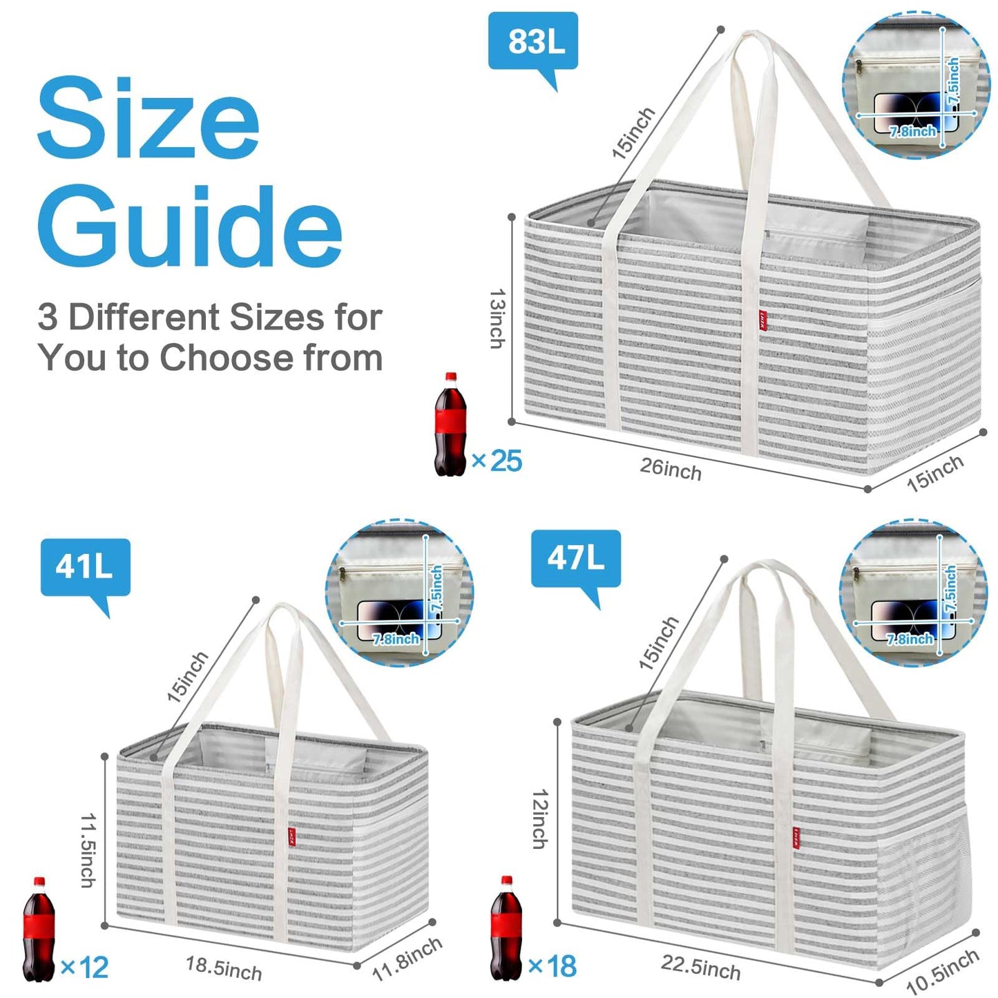 LHZK Standing Extra Large Utility Tote Bag with Metal Wire Frame and the Sides Rinforced, Extra Large Tote Bag with Handle, Reusable Grocery Bags Foldable, Beach Bag, Car Tote (Gray)