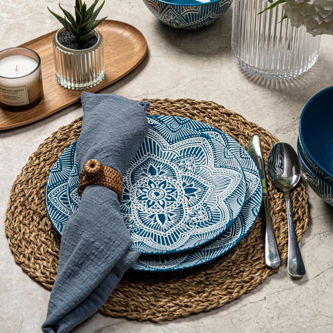 Bzyoo 12-Piece Ceramic Dinnerware Set: La La Mandala Blue Dish Set Design for Every Occasion - Microwave & Dishwasher Safe Stackable Plates Bowls