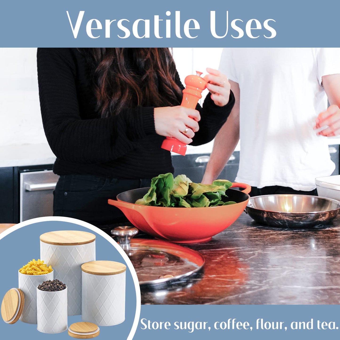 Kazozobi White Kitchen Canisters Set with Bamboo Lids, Airtight Sugar, Flour, Coffee, Cookie Storage Canister Sets for kitchen Countertop, Farmhouse kitchen decor, 4 Pack