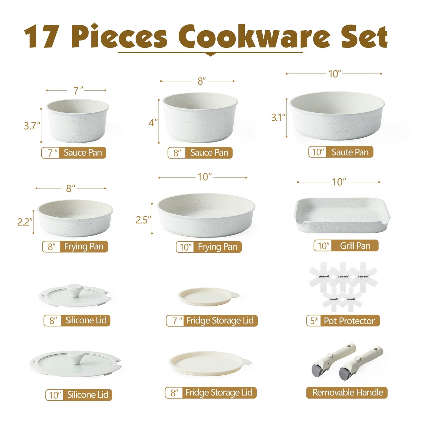 SENSARTE 17 Piece Pots and Pans Set, Nonstick Detachable Handle Cookware Set, Induction Kitchen Cookware Set with Removable Handle, Healthy Non Stick for RV, Dishwasher ＆ Oven Safe, PFOA Free (White)