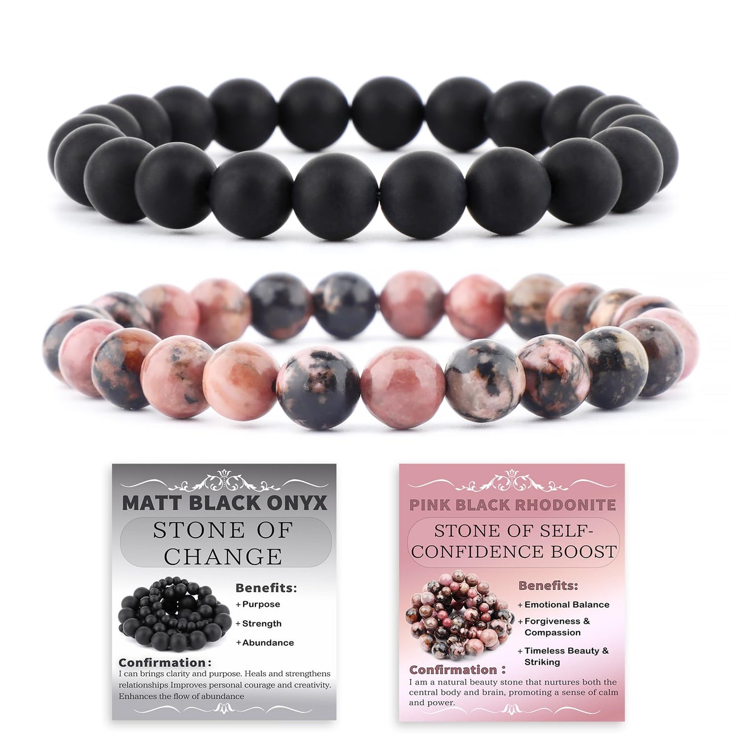 NCB 2-Piece 8mm Natural Crystal Gemstone Stretch Bracelets – ﻿Pink Black Rhodonite, Matte Black Agate Handmade Reiki Energy Healing Jewelry for Meditation,Yoga, Unisex