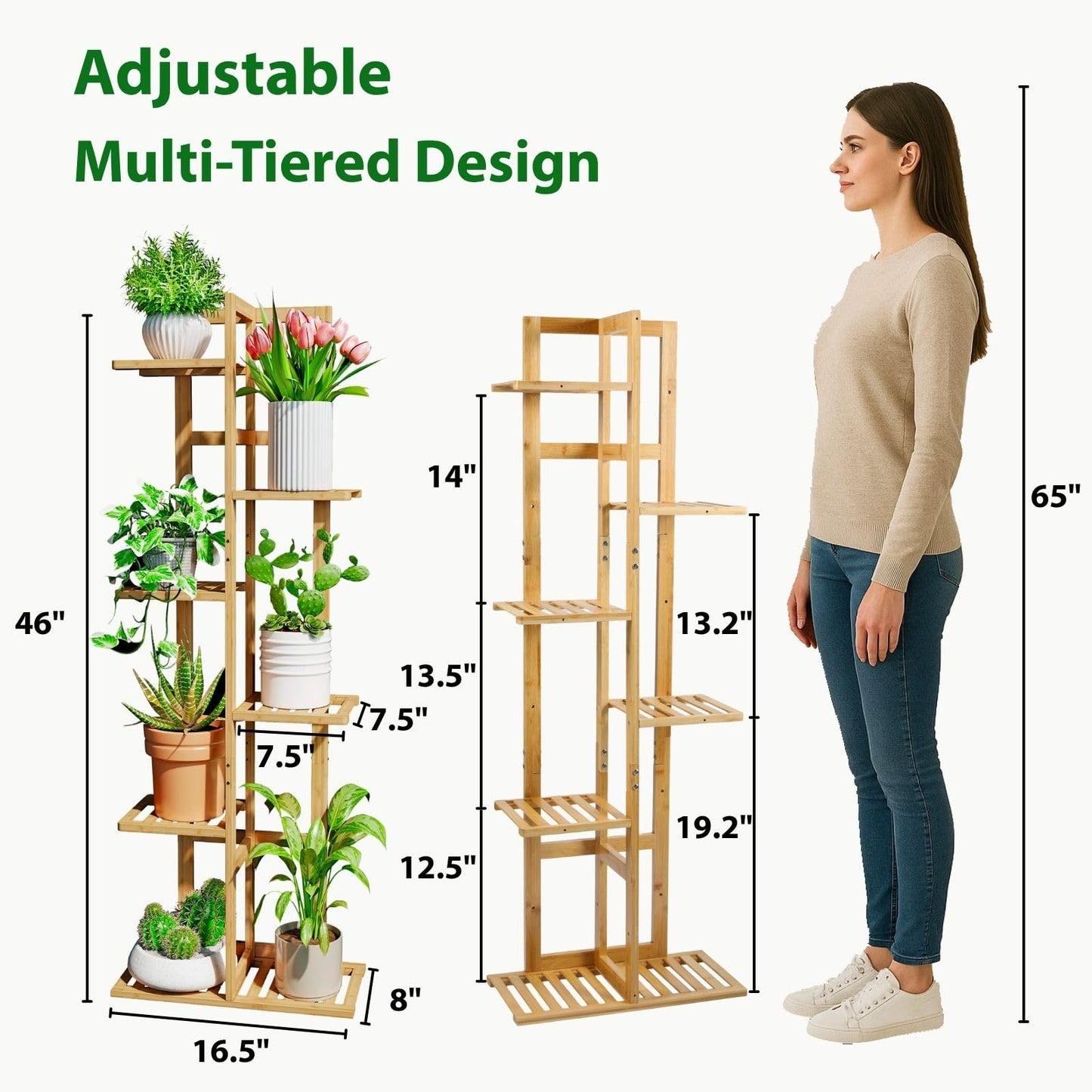 DolceLuna Plant Stand Indoor Corner, Tiered Bamboo Plant Shelf 46 Inch Tall, Plant Rack 6 Tier for Multiple Small Plants, Flower Holders for Living Room Bedroom Window Patio Balcony, Natural