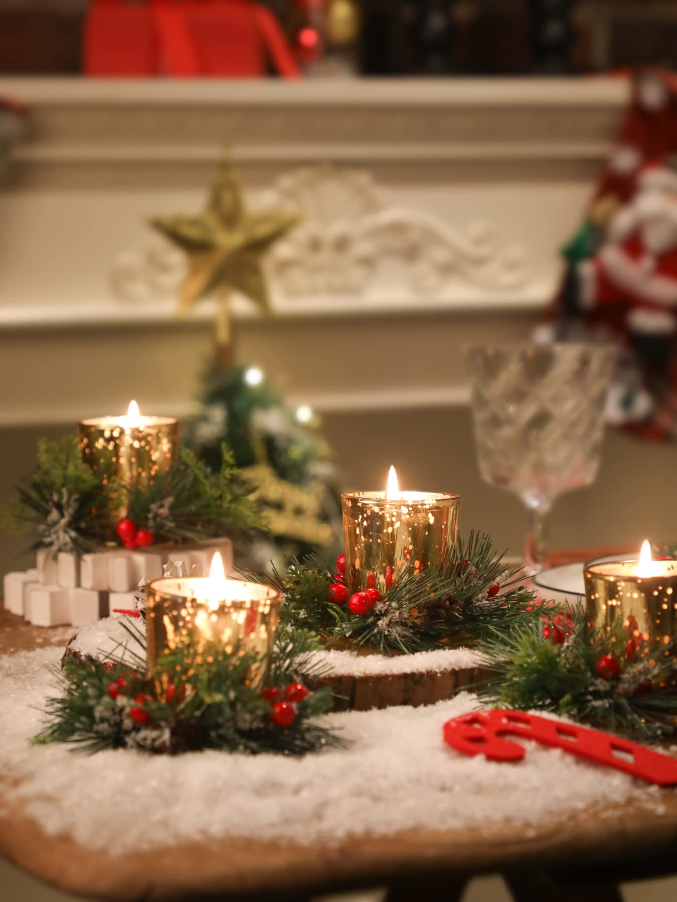 Christmas Candle Ring, 4 Pcs Votive Candle with Red Berry Pinecone, Xmas Ring Candle for Table Centerpiece Decoration Wedding Holiday,Gold