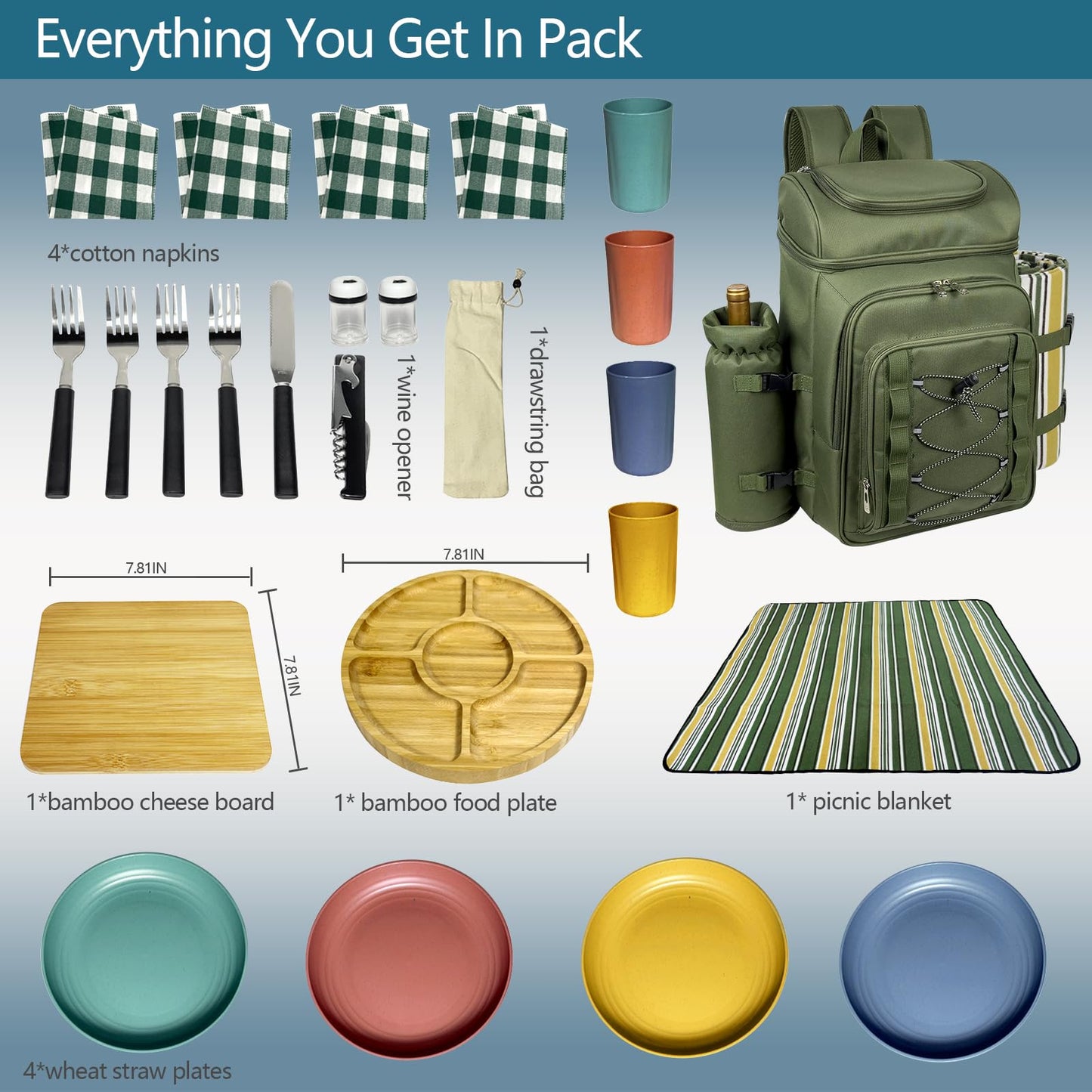 Hap Tim Picnic Basket Backpack for 4 Person with Blanket, Insulated Leakproof Cooler Compartment, Wine Holder, Cutlery Set, Engagement Gifts for Couples, White Elephant Gift Ideas, Green (36221-GR)