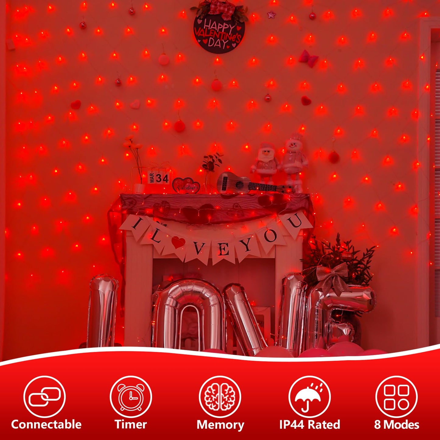 YEGUO Net Lights Outdoor Mesh Lights, 12ft x 5ft 360 LED Red Valentine‘s Day Light Outdoor Waterproof, 8 Modes Connectable Clear Wire Christmas Bush Light Plug in