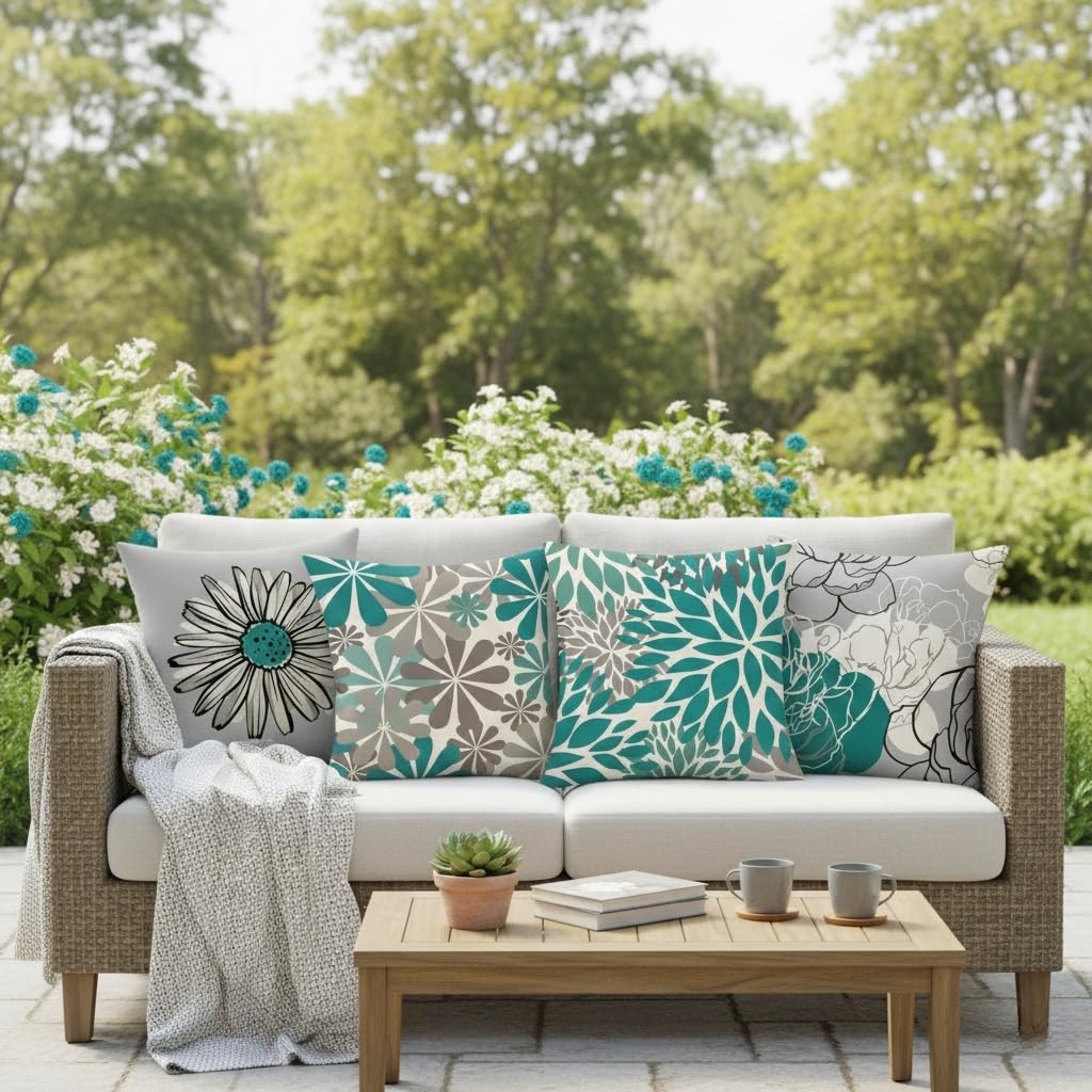 Hopomoon Green Pillow Covers 18x18 Set of 4,Gray and Green Modern Daisy Floral Pillowcases White Linen Square Cushion Covers for Living Room Sofa Bedroom
