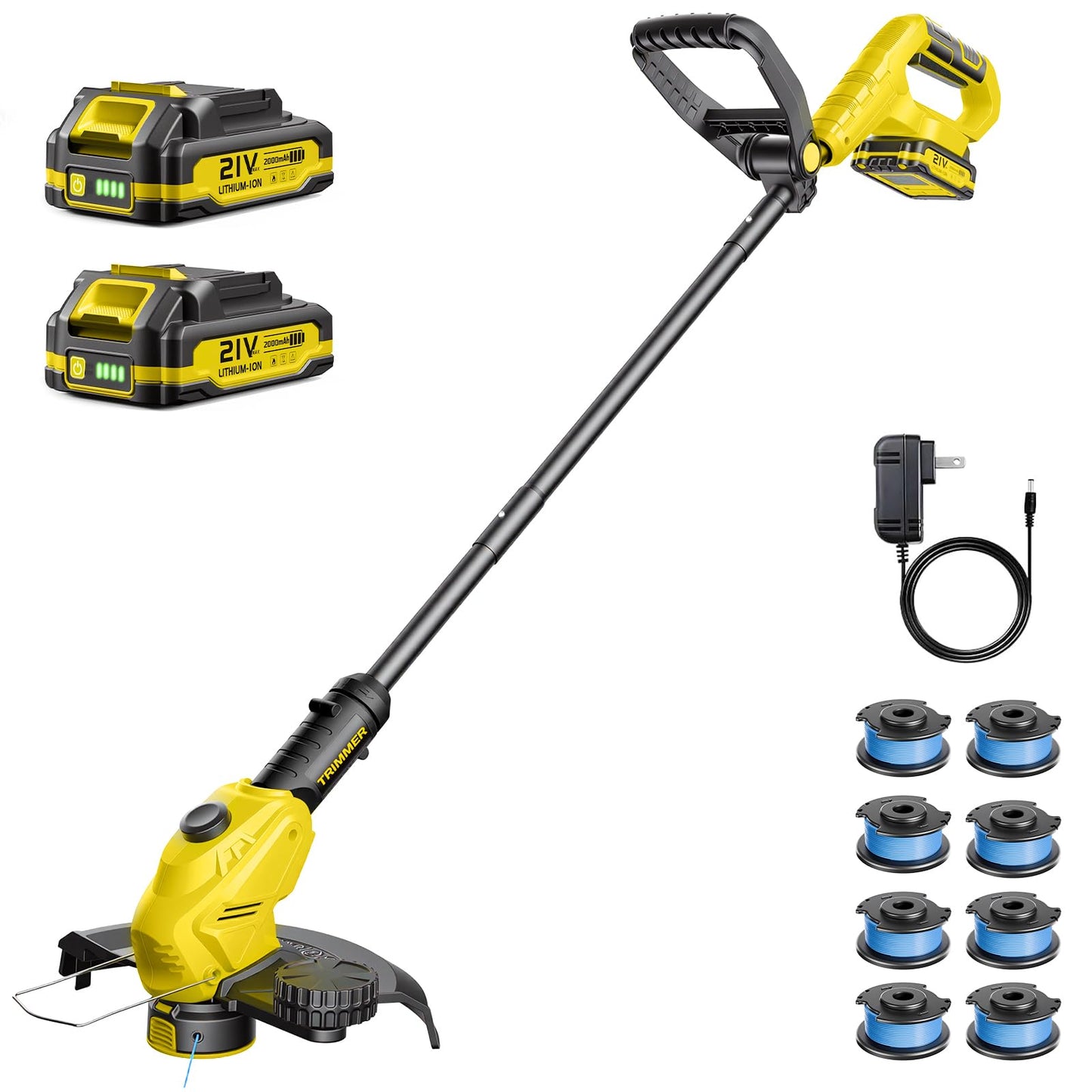 JKLARI Cordless Weed Wacker, 21V Battery Powered Grass Trimmer & Edger 2-in-1, Electric Weed Wacker with 2 × 2.0Ah Batteries and 8 × Spare Spools, Lightweight Edger Lawn Tool for Yard & Garden