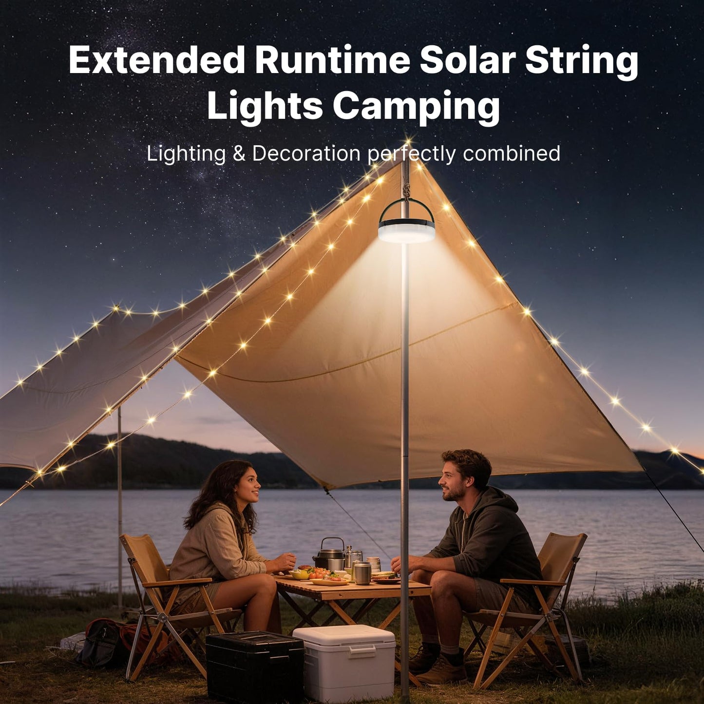 OGERY Solar Camping String Lights, 5400mAh/ 49.2FT/ 11 Modes Rechargeable Camping Lights Outdoor/Indoor, 4-in-1 Quick Storage Fairy Tent Lights Portable LED Lamp for Patio Yard Party Decor Essentials