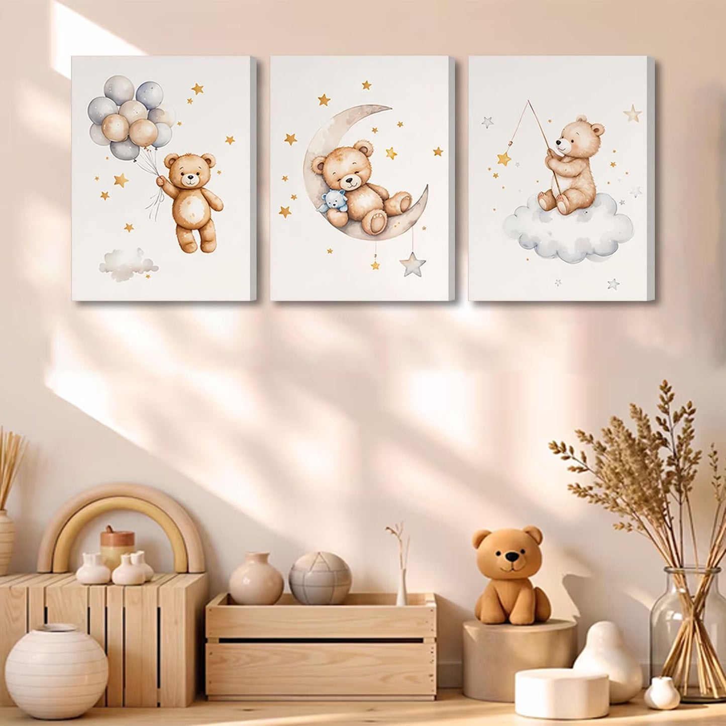 3 Pcs Framed Teddy Bear Nursery Canvas Wall Art Bear Sleeping on The Moon and Stars Wall Decor Pictures Balloon Cloud Neutral Poster Prints for Kids Baby Room Kindergarten Home Decoration 12x16in