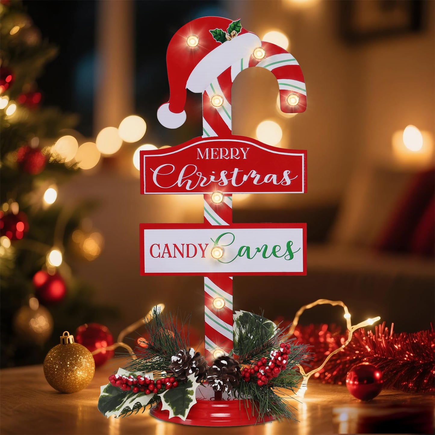WONDER GARDEN Christmas Signs Indoor - 2 Pack Lighted Candy Cane Signs with Artificial Holly Berries, 16 Inch Metal Standing Merry Christmas Sign Decorations for Home or Party Table Decor Gift(Hat)