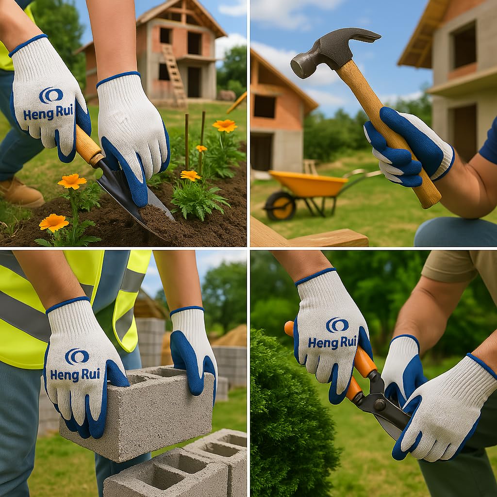 HENG RUI 100 Pairs Working Gloves Cotton/Poly With Blue Latex Rubber Palm Coated