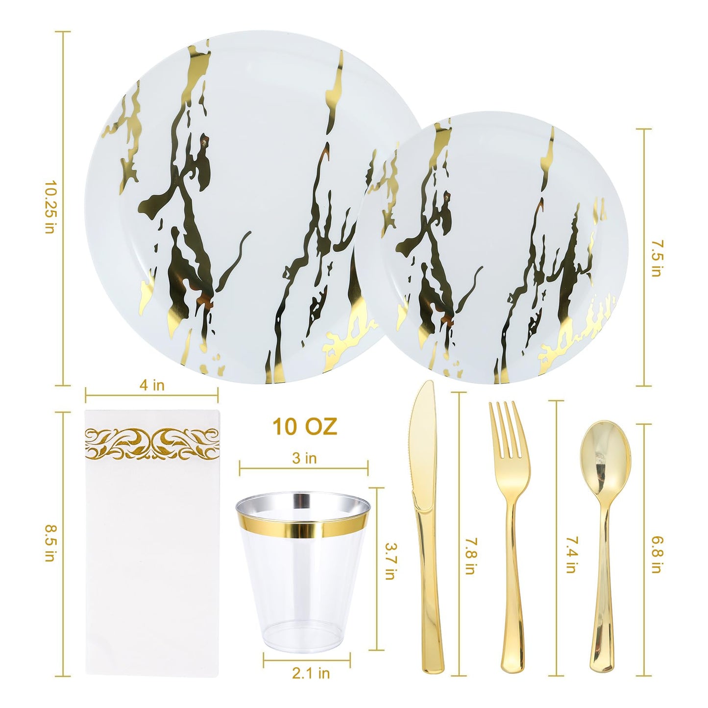 175pcs Gold Plastic Dinnerware Set – Elegant Disposable Plates, Cups, Utensils & Napkins for Wedding, Party, Birthday, Graduation
