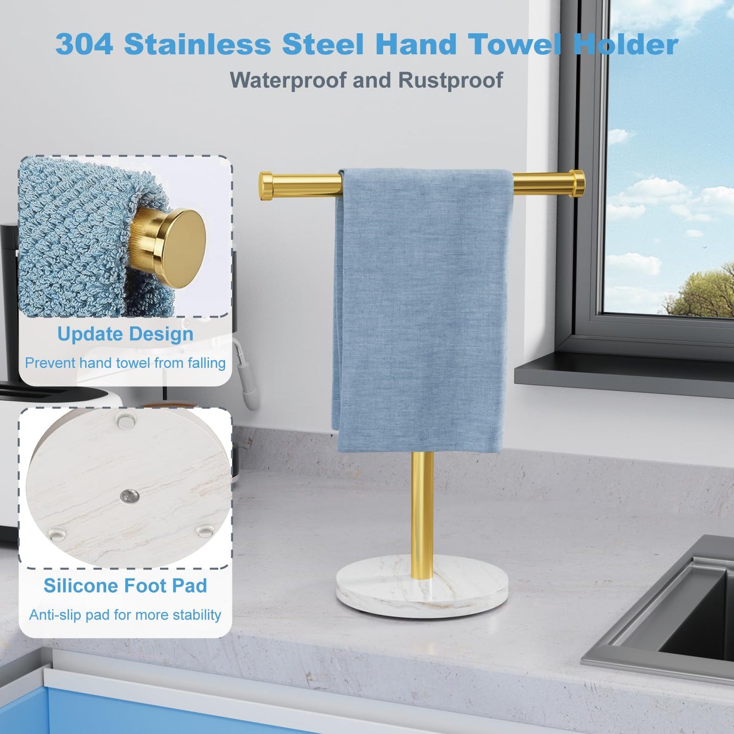 Blemoacha Hand Towel Holder, T-Shape Hand Towel Stand with Heavy Marble Base, Stainless Steel Towel Bar Rack for Bathroom Vanity, Kitchen Countertop, Gold