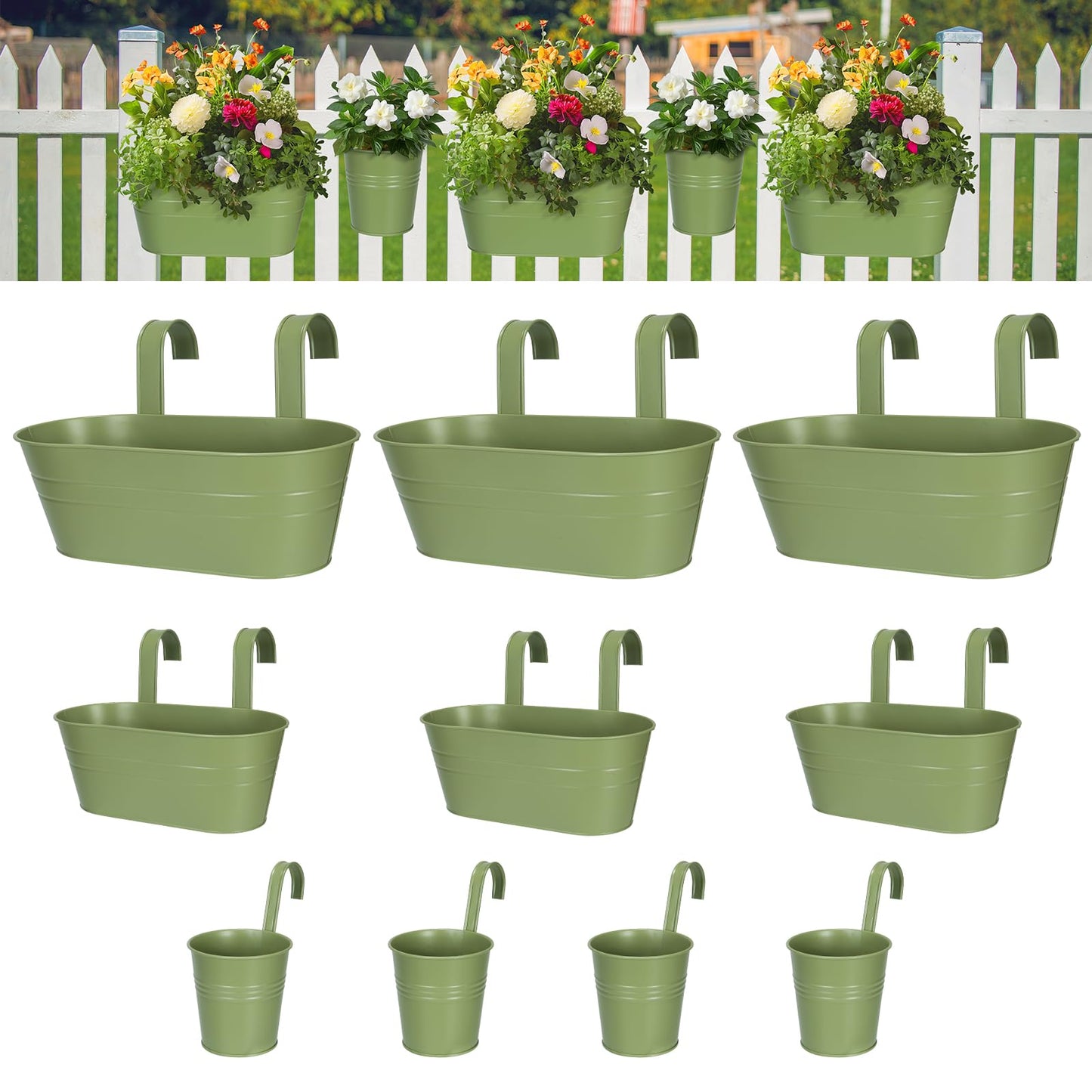 3 Different Size Metal Iron Hanging Flower Pots 10 Pcs for Outdoor Plants Metal Hanging Bucket Pots Iron Railing Fence Planter with Drainage Holes and Hooks for Porch Railing Balcony Fence (Green)