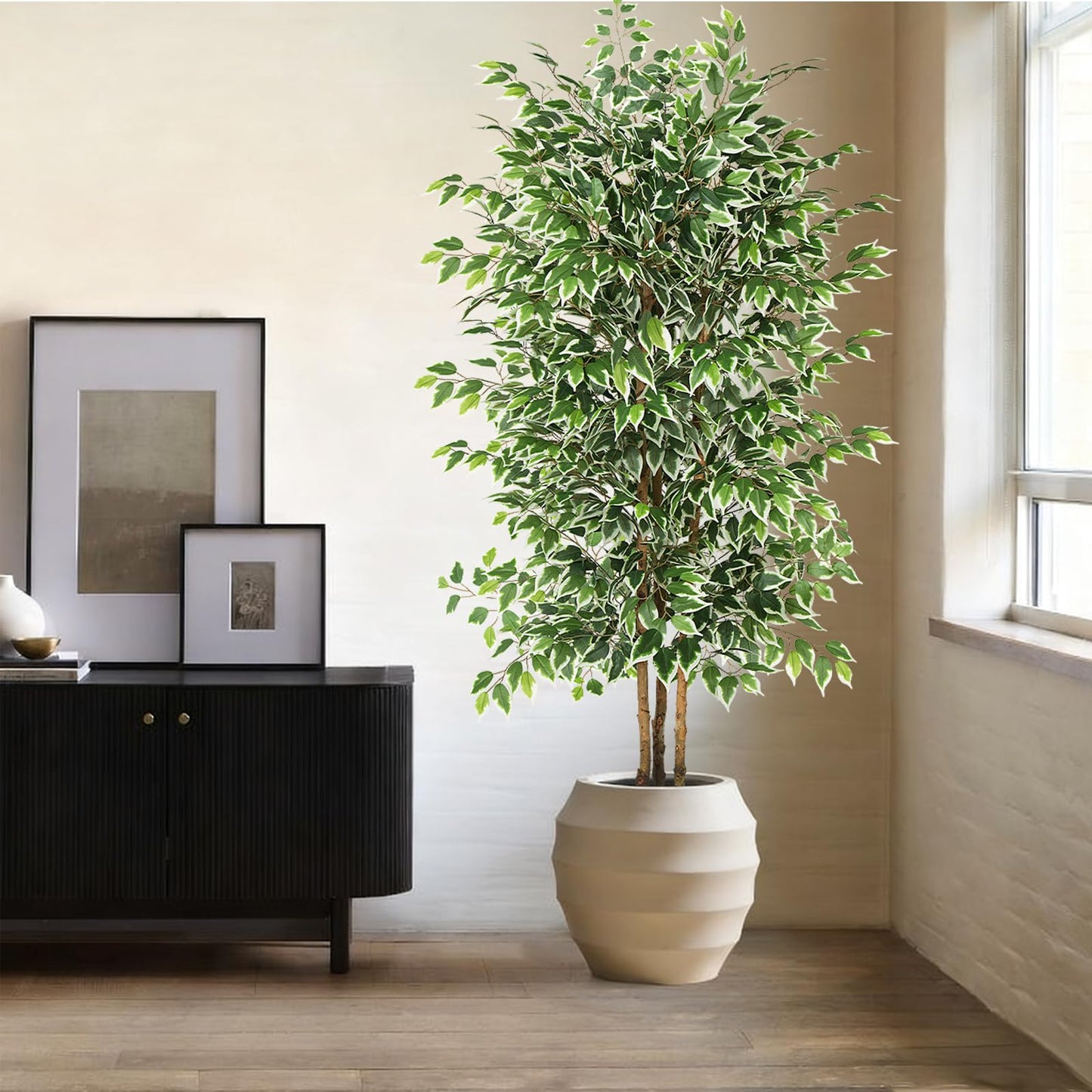 GTIDEA 7ft Ficus Artificial Trees, Tall Faux Trees Indoor with Natural Trunk and Fake Silk Tree Fake Plants for Home Decor Living Room Outdoor Balcony House Office (Included Dried Moss)
