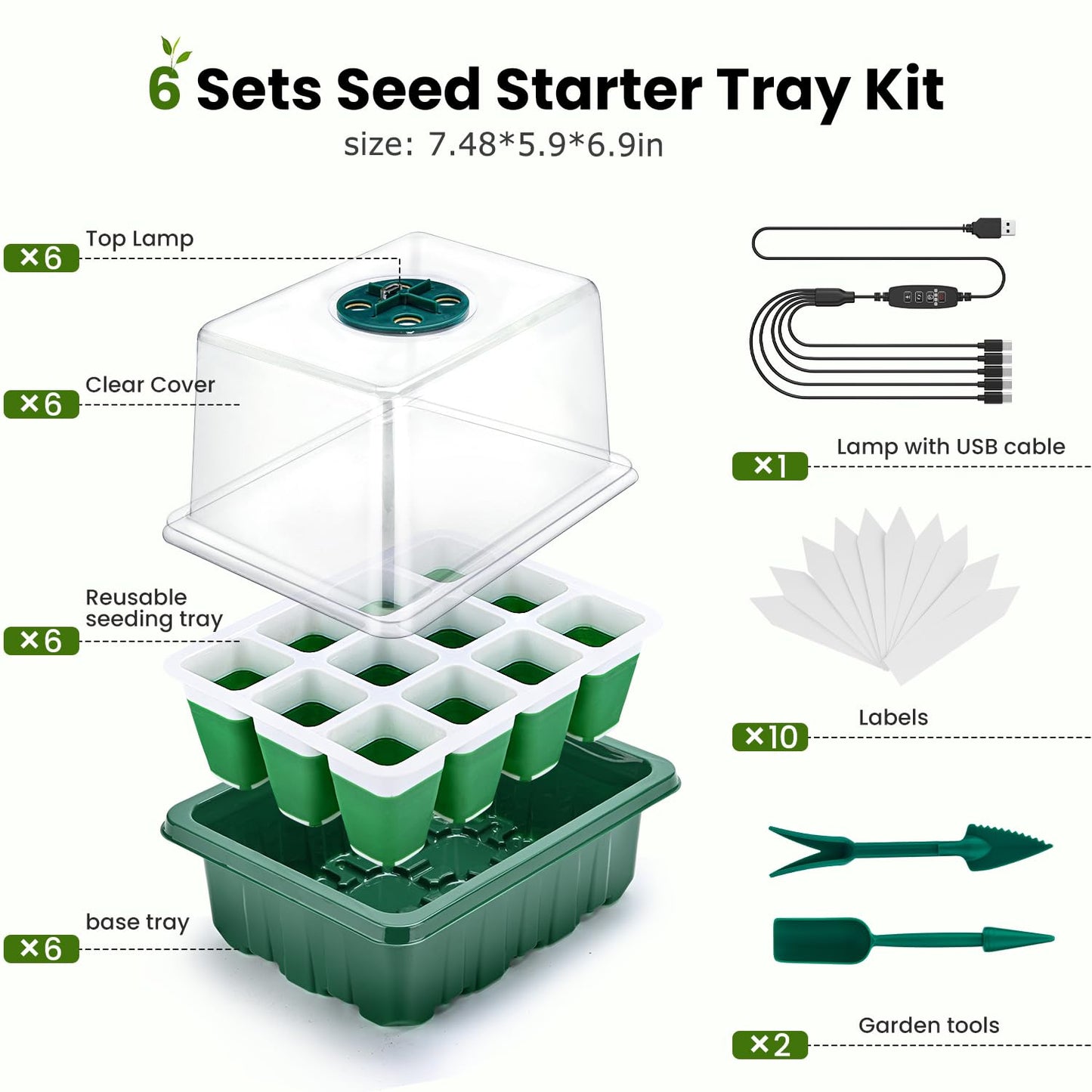 Pattiumo 6 Packs Seed Starter Tray with Grow Lights, 72 Cells Silicone Seed Starter Kits with Humidity Dome, 3 Lights for Seed Starting, 4 Timing Set, 8 Full Spectrum Germination Kit for Plant Seeds