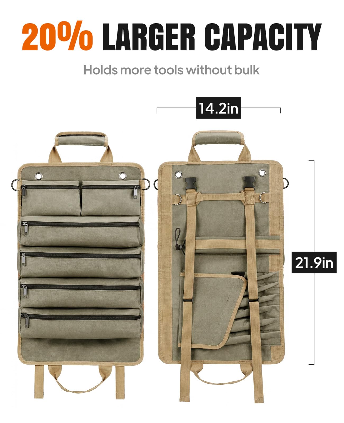 Tool Roll Up Bag, 1680D Heavy Duty Tool Bag Organizer with 2 Detachable Tool Pouches & Multiple Pockets, Waterproof Motorcycle Tool Roll for Mechanic & Electrician, Gift for Men Him Dad, 21.9"*14.7"