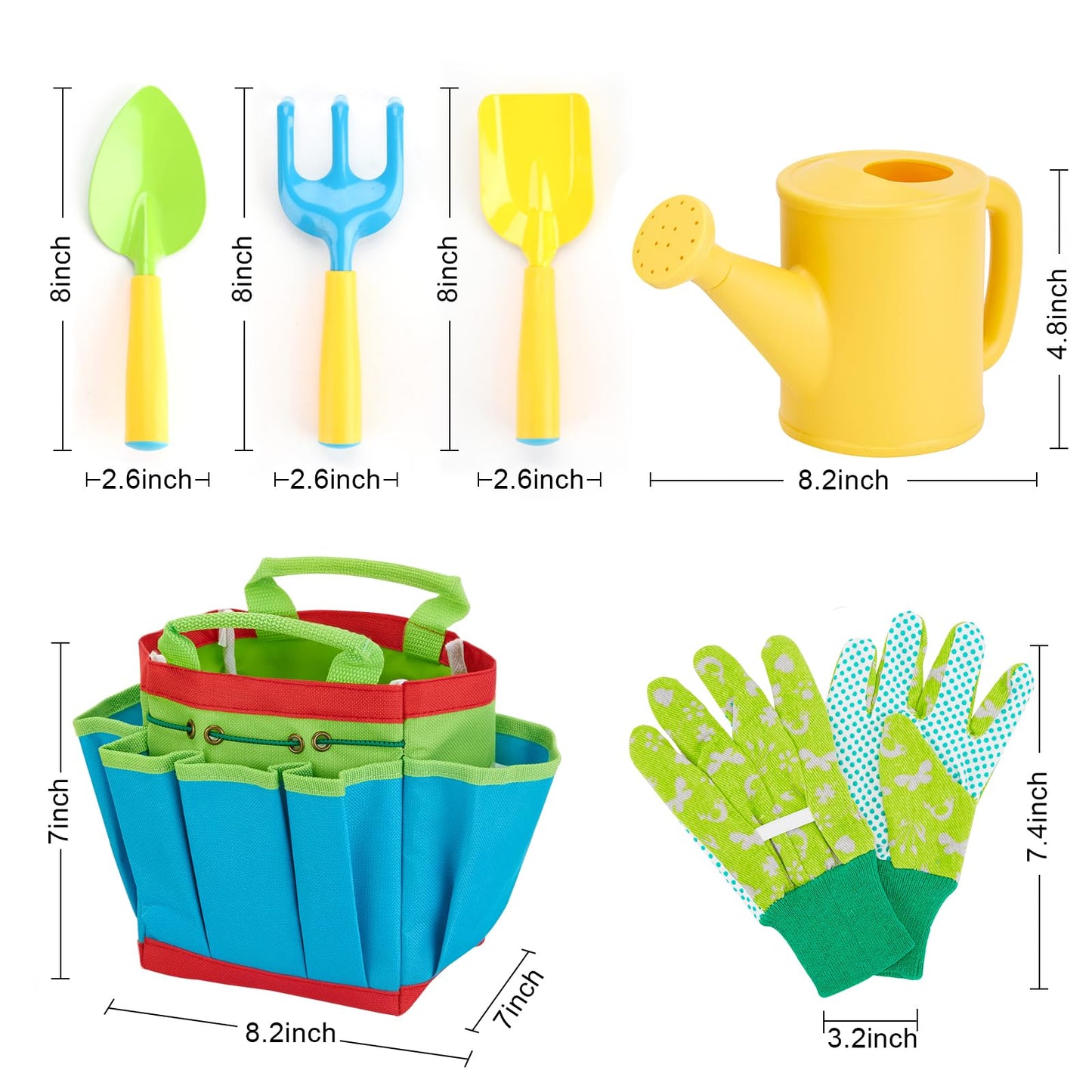 FITNATE Green Kids Garden Tools Set,6 PCS Garden Tools Including Watering Can, Shovel, Rake, Fork, Children Gardening Gloves and Garden Tote Bag, All in One Set