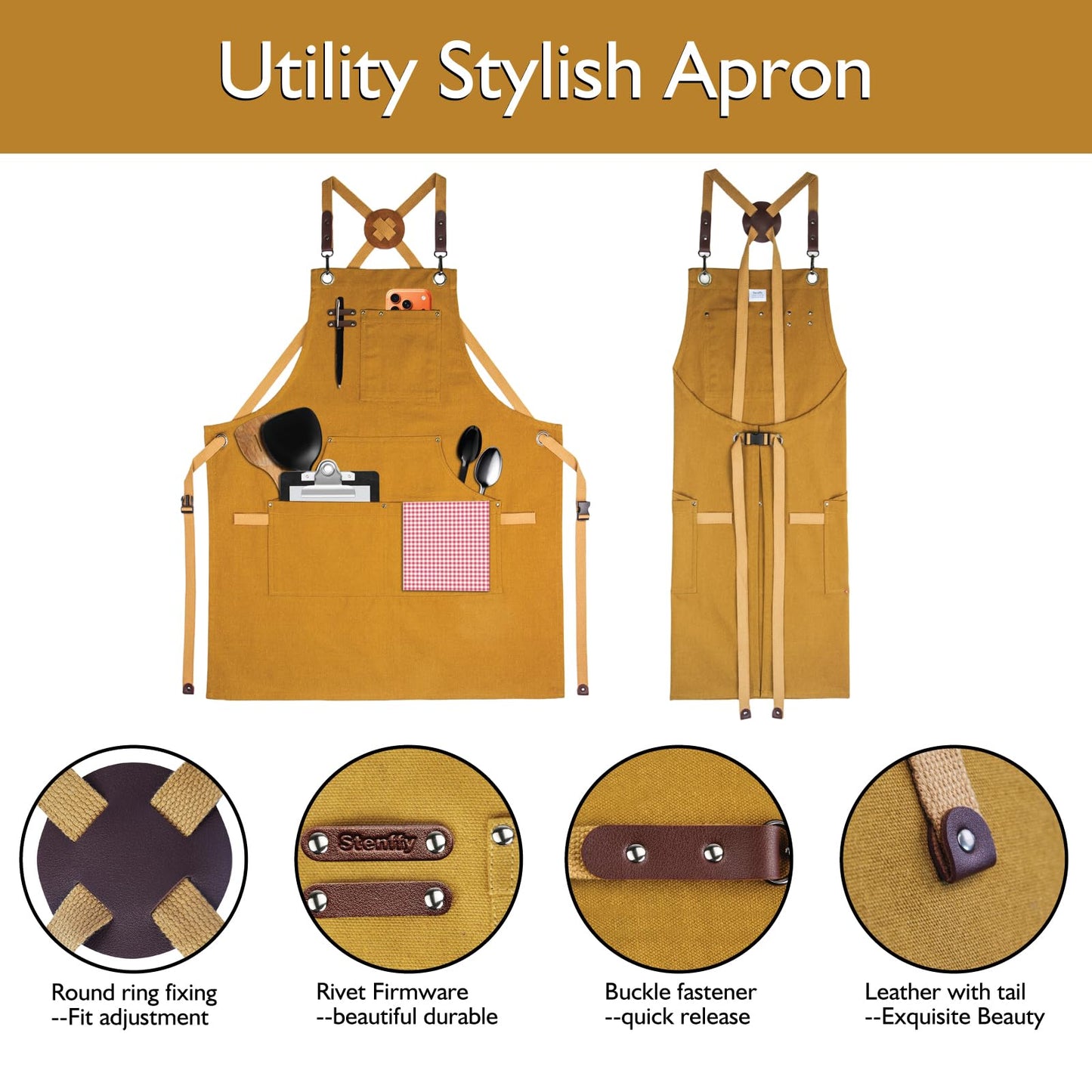 Stenffy Kitchen Apron, Work Apron, Canvas, Multiple Pockets, Gardening, Painting, BBQ, Artist, Carpenter, Sizes M to XXL, Khaki
