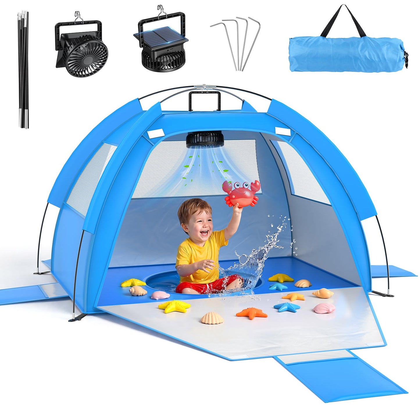 Dsquu Baby Beach Tent Solar Cooling Fan, Anti-UV Toddler Beach Tent Sun Shelter Portable Travel Fan Beach Shade Tent, Baby Play Tent Built-in Ceiling Fan Sun Shelters Toddler Beach Essentials