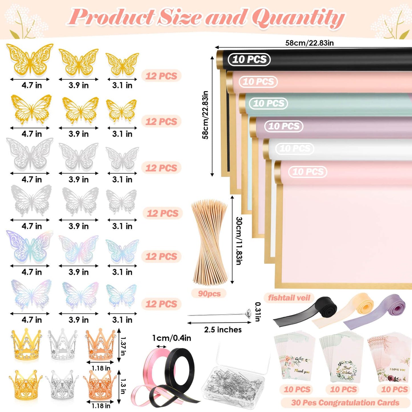 Tetutor 366 pcs Flower Bouquet Wrapping Paper,Waterproof Flower Floral Wrapping Paper Bouquet Sheets With Ribbons Pins 3D Butterflies and Crowns for Florist Wrap