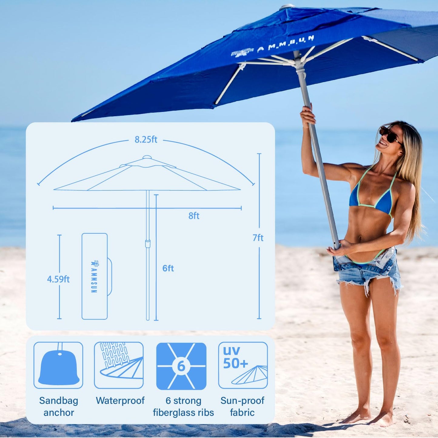 AMMSUN 8ft Large Beach Umbrellas for Sand Heavy Huty Wind Portable Commercial Grade Patio Beach Umbrella with Sand Anchor Adjustable Height Air Vent UPF 50+ Telescoping Pole without tilt Dark Blue