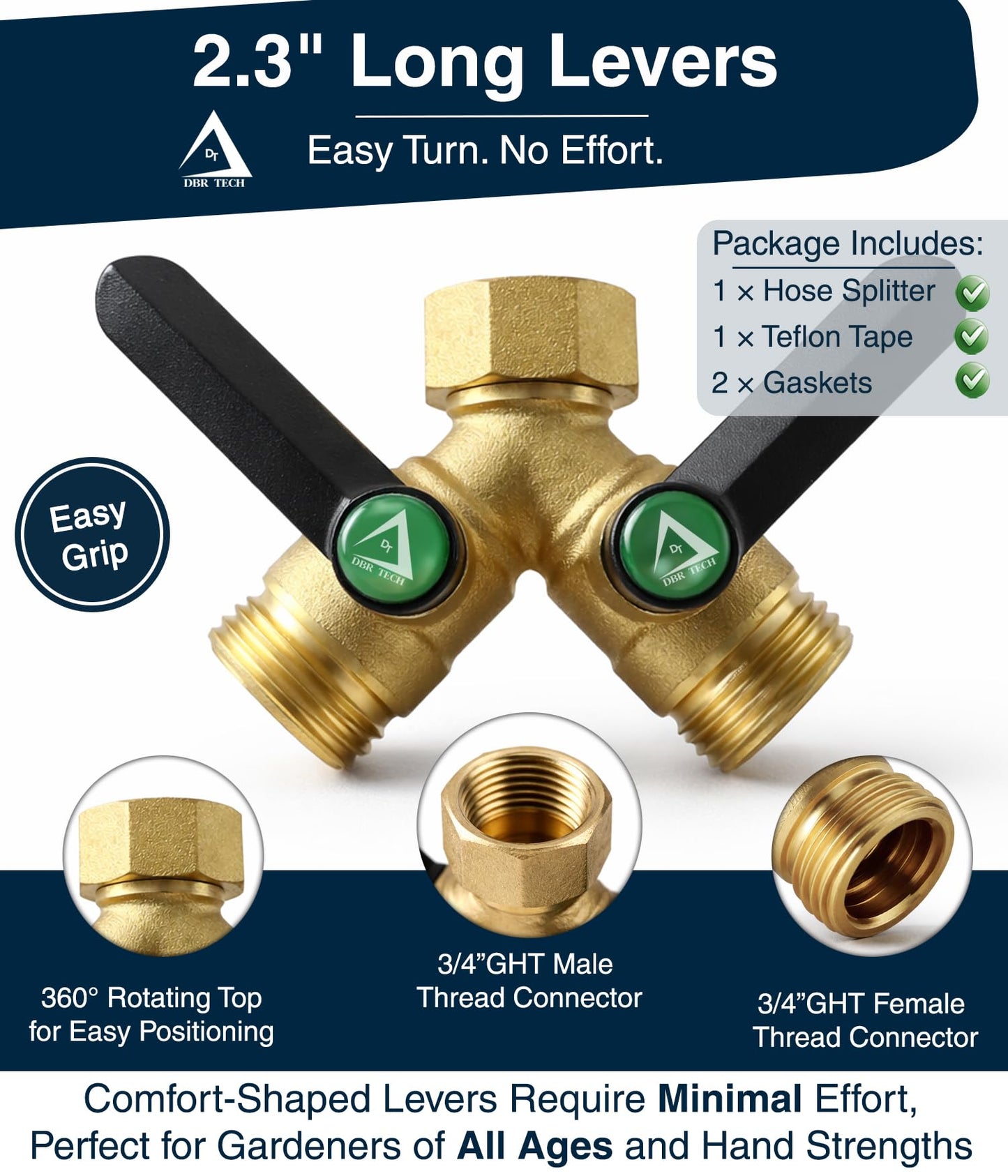 DBR Tech® Garden Hose Splitter 2 Way, Full Flow Solid Brass | 2026 Model