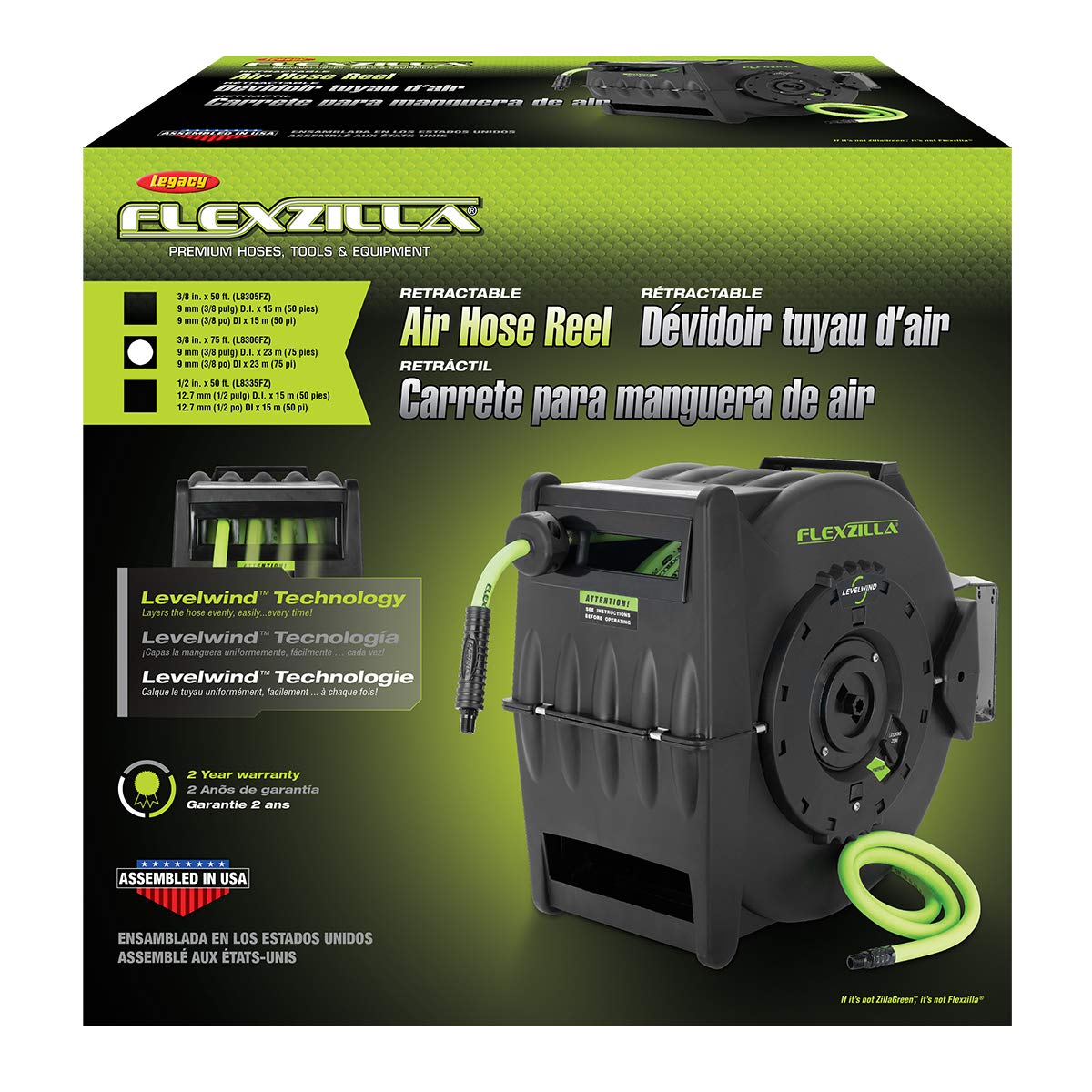 Flexzilla Levelwind Retractable Air Hose Reel, 3/8 in. x 75 ft., Heavy Duty, Lightweight, Hybrid, ZillaGreen - L8306FZ