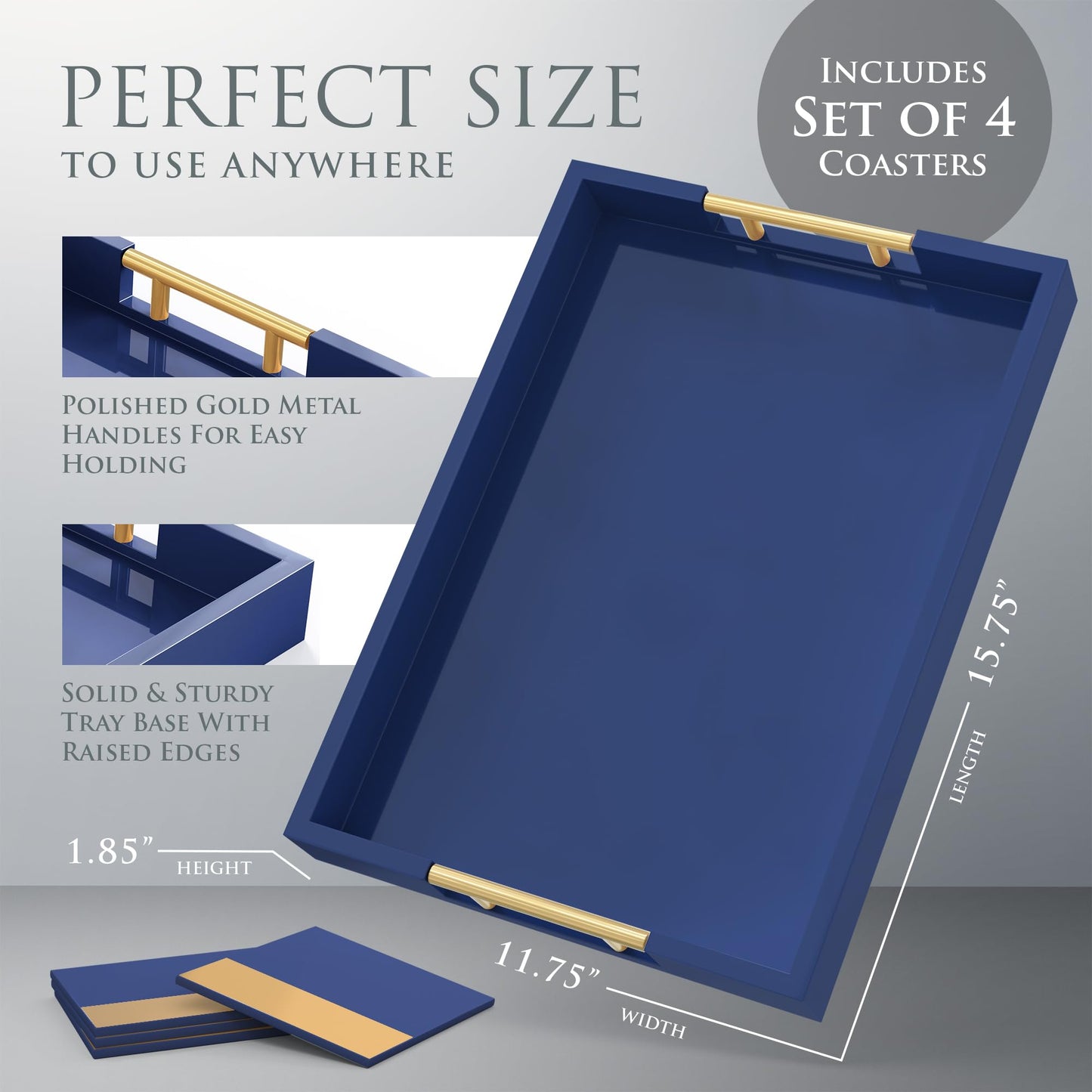 Wood Serving Tray with Gold Polished Metal Handles, Home Decorative Wooden Rectangle Ottoman Decor Platter Bathroom Vanity Tray for All Occasions Gloss Finish, 16"x12", Navy Blue